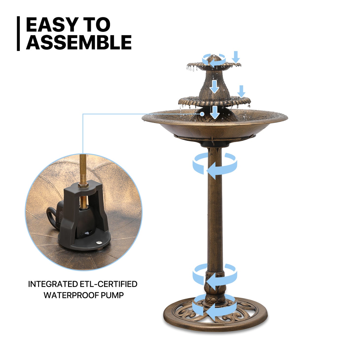 35" Tall Outdoor 3-Tiered Pedestal Water Fountain - Bird Bath