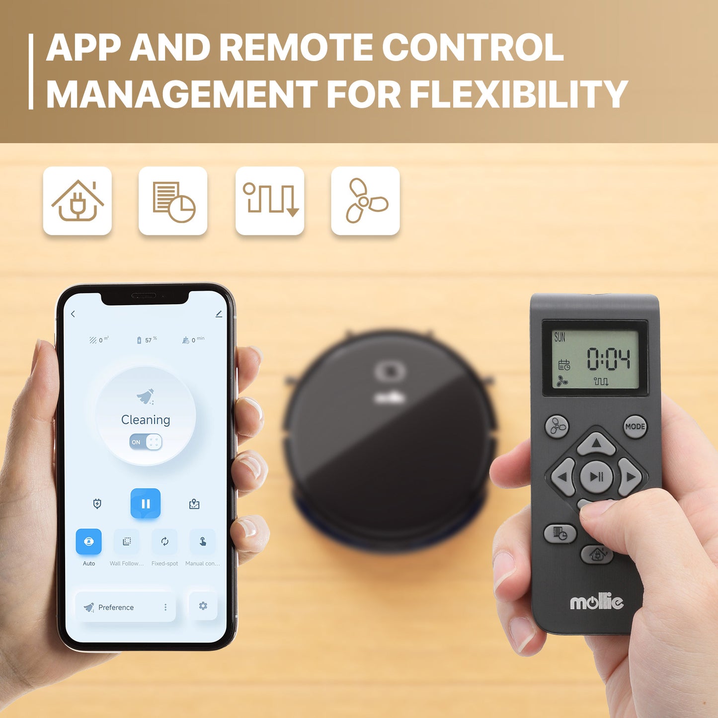 Robot Vacuum - 500ml Dustbin - 150ml Water Tank - w/Dry Mop+Remote Control - Black