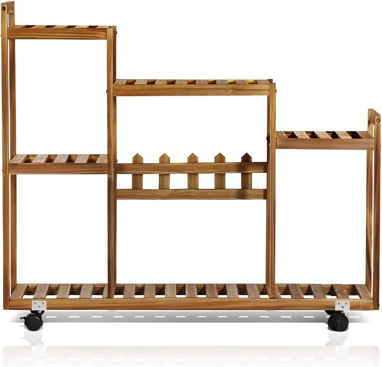 Rolling Multi Tier Wooden Plant Stand - Brown