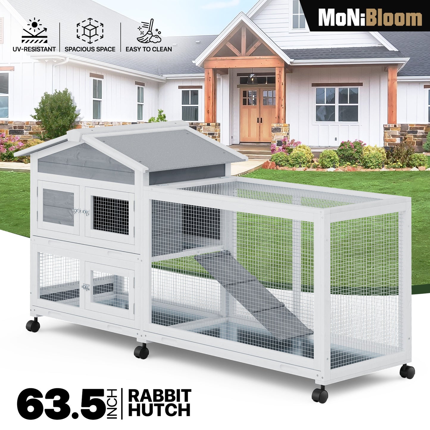 Wooden Chicken Coop Rabbit Hutch - House Shape - 63.5'' Length - w/6 Wheels