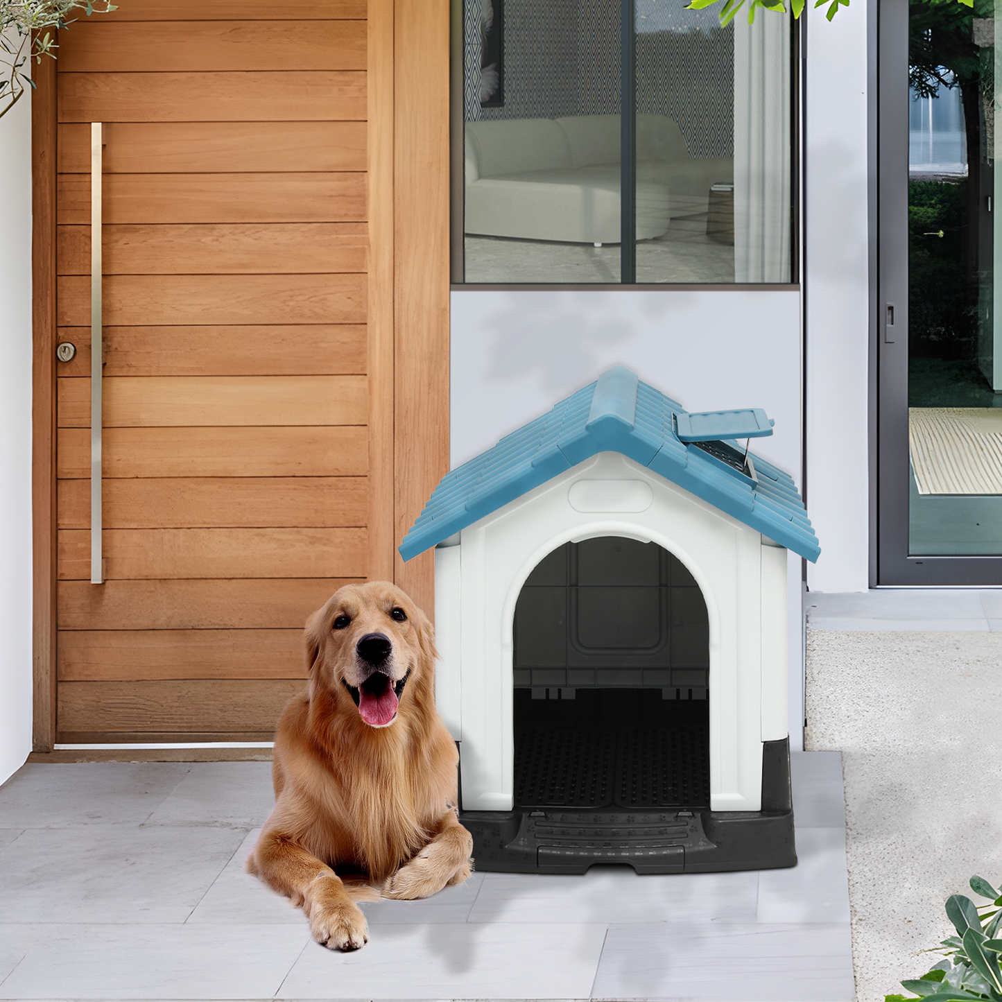 Plastic Dog House - with Adjustable Skylight, Elevated Base