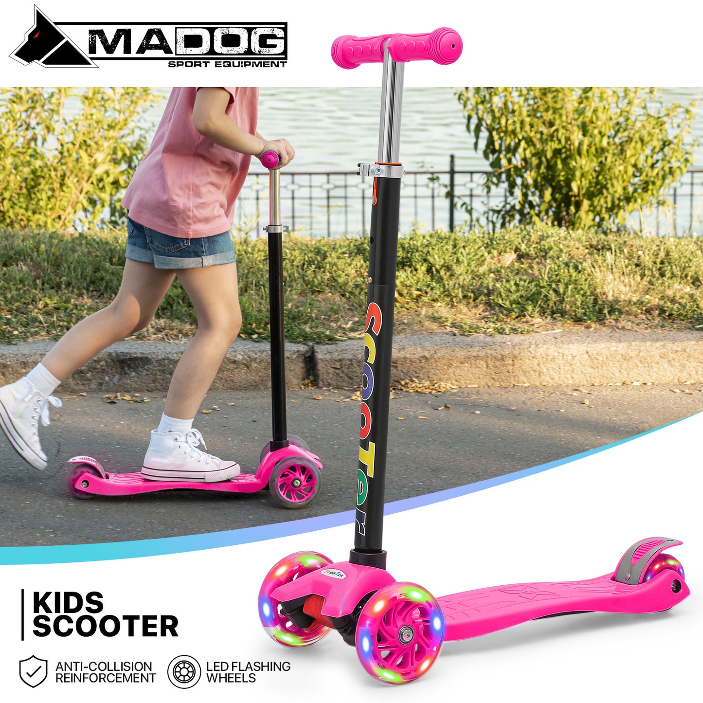 Kids Kick Scooter - 3 LED Wheels - Adjustable Height Handlebar