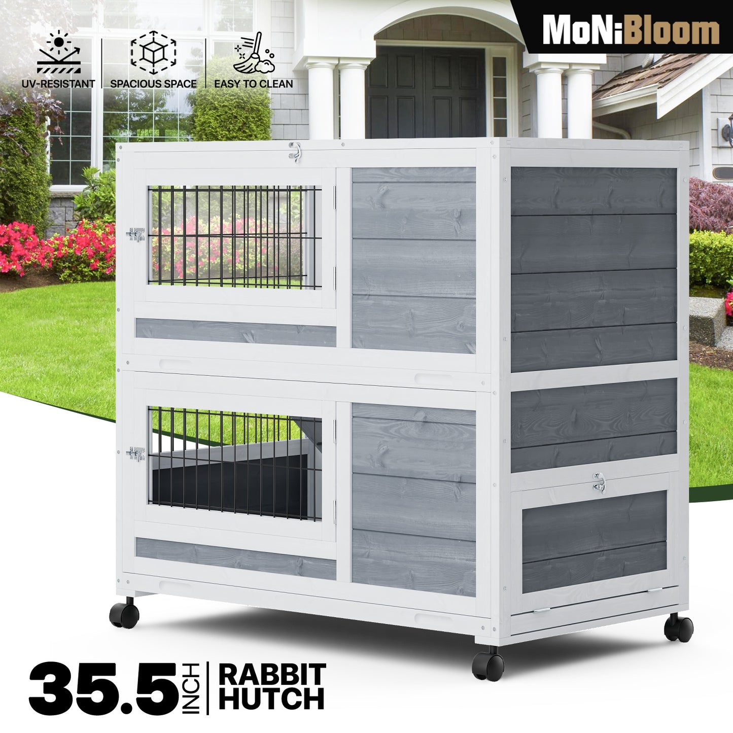 Wooden Chicken Coop Rabbit Hutch - 35.5'' Length - w/4 Wheels