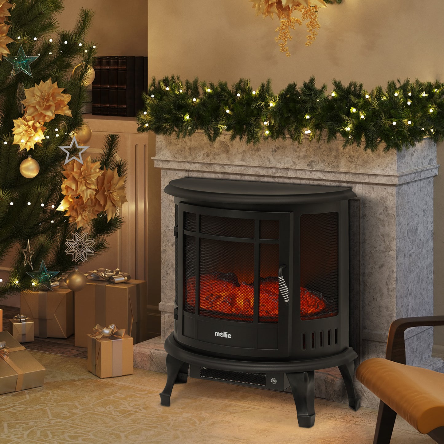 Freestanding Electric Fireplace - 1400W Space Heater - Adjustable Flame Brightness