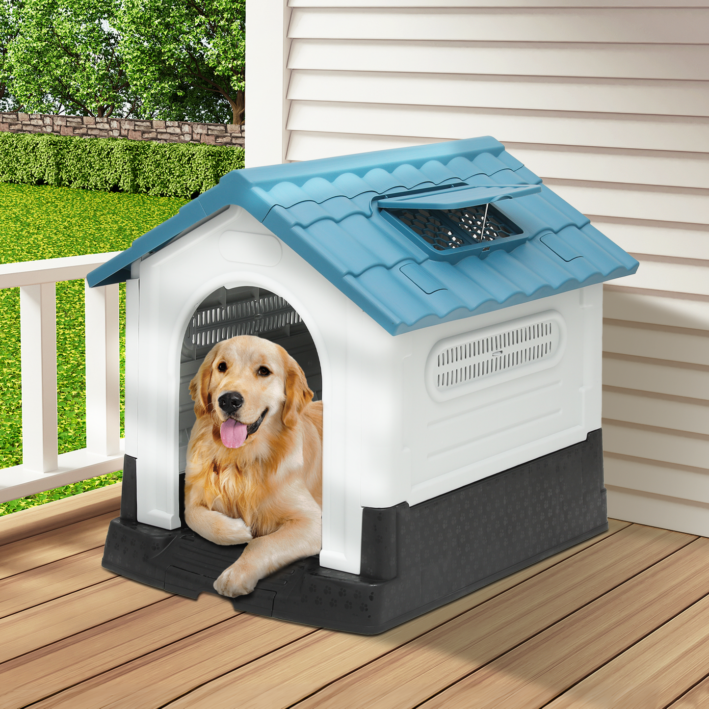 Plastic Dog House - with Adjustable Skylight, Elevated Base