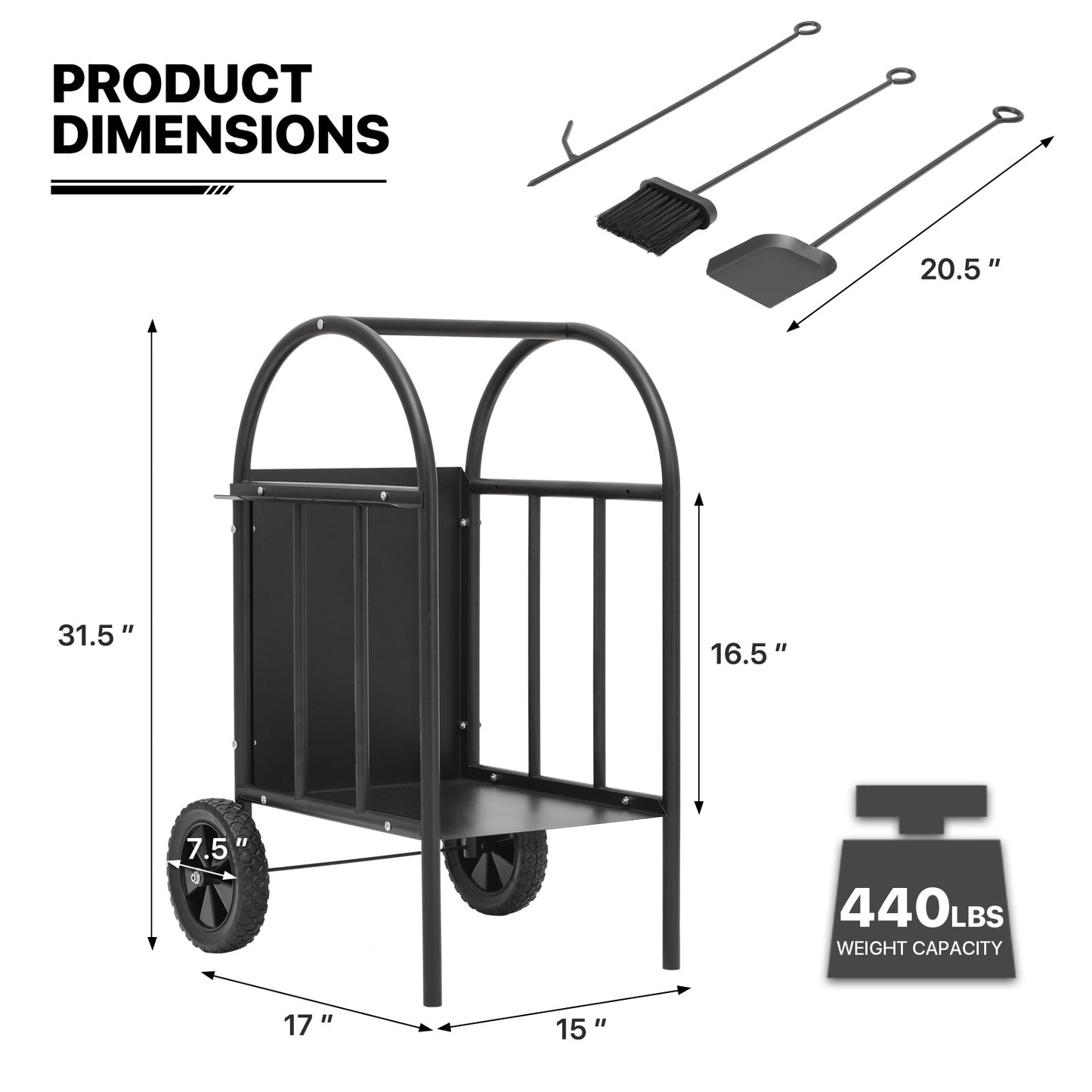 Rolling Firewood Rack - Log Storage Cart - with Poker, Shovel, Broom