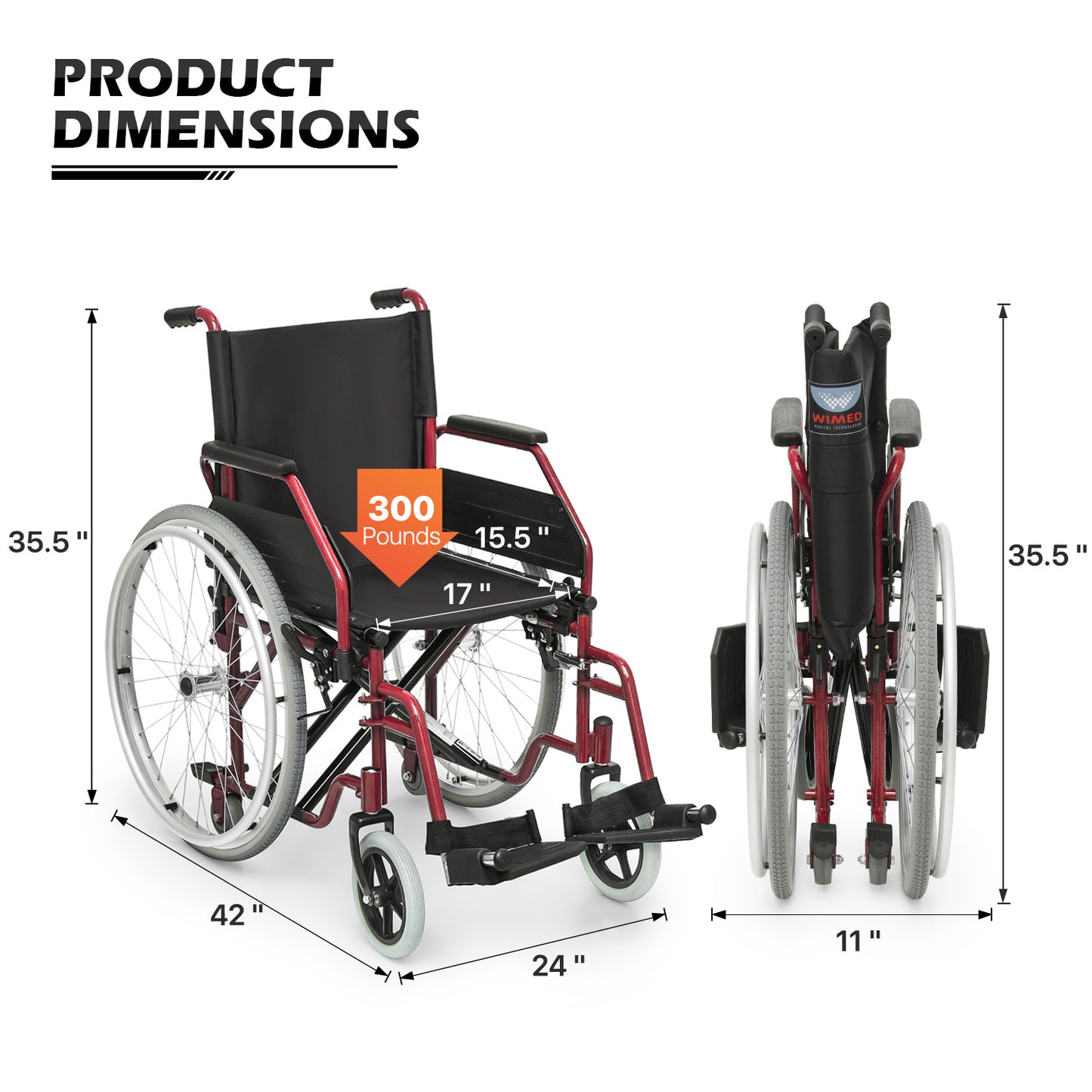 Manual Wheelchair - 7.5'' Front & 23.5'' Rear Wheel - 17"x15.5'' Nylon Seat
