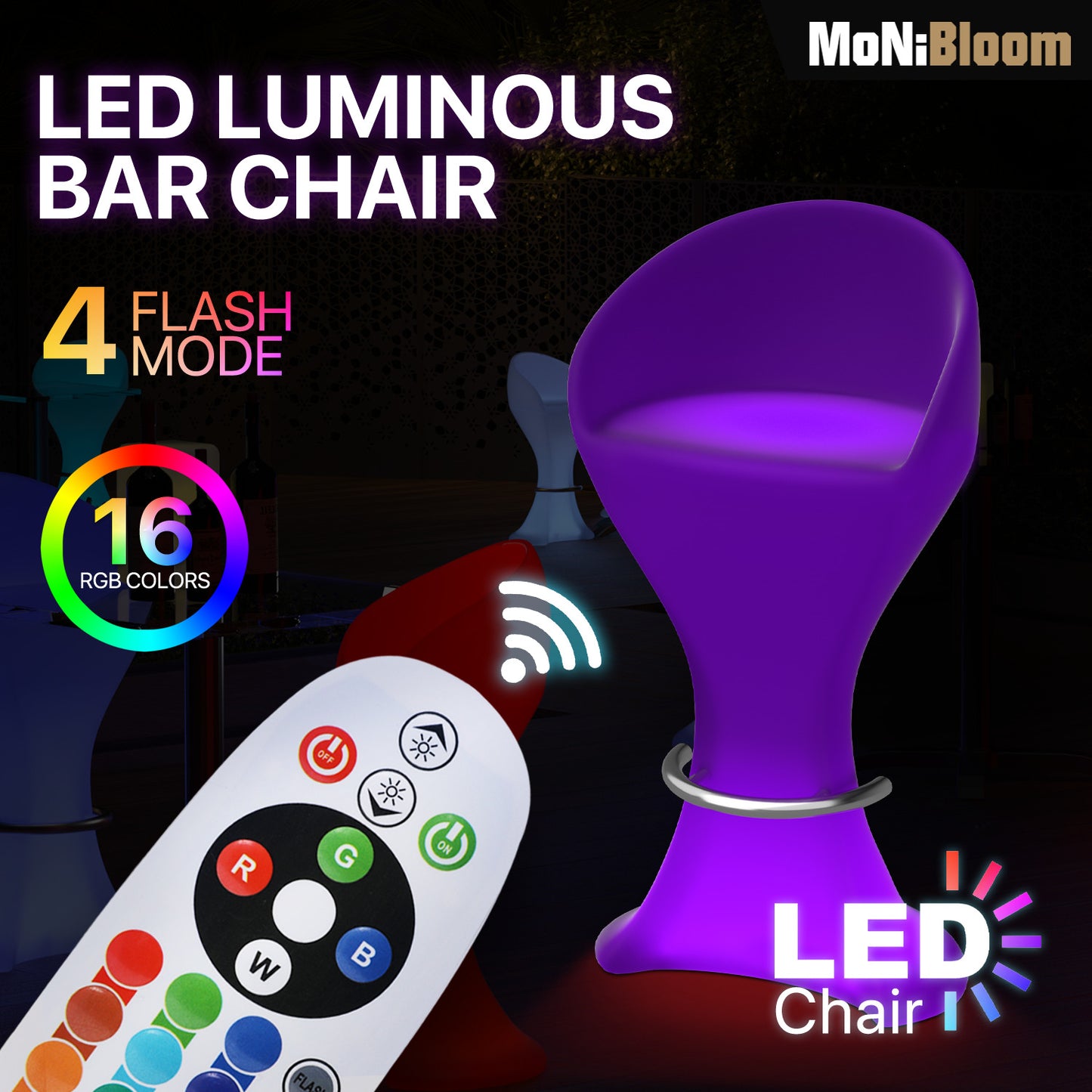 LED - Stool - with Footrest - 16 Colors Remote Control