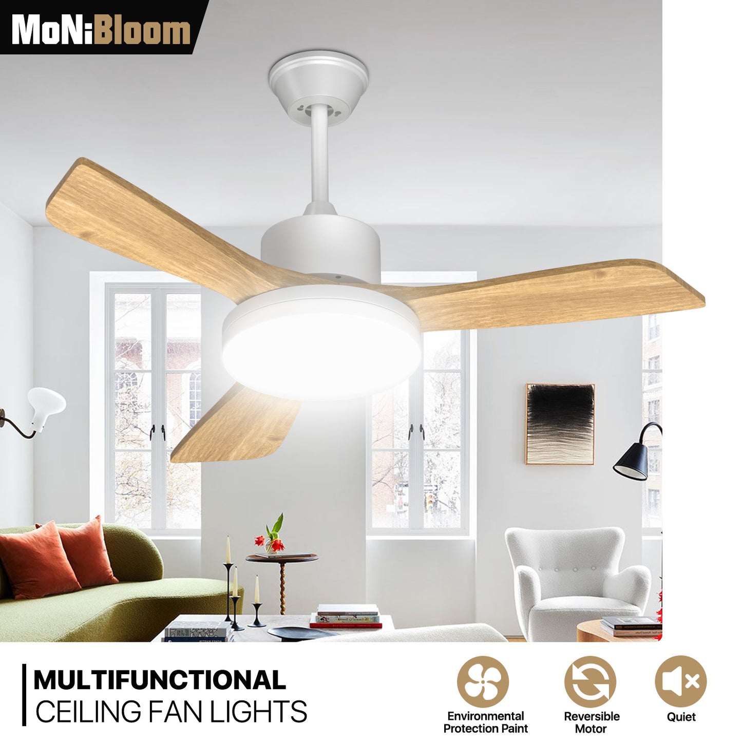 42" Reversible Lighting Ceiling Fan - 3 Blades