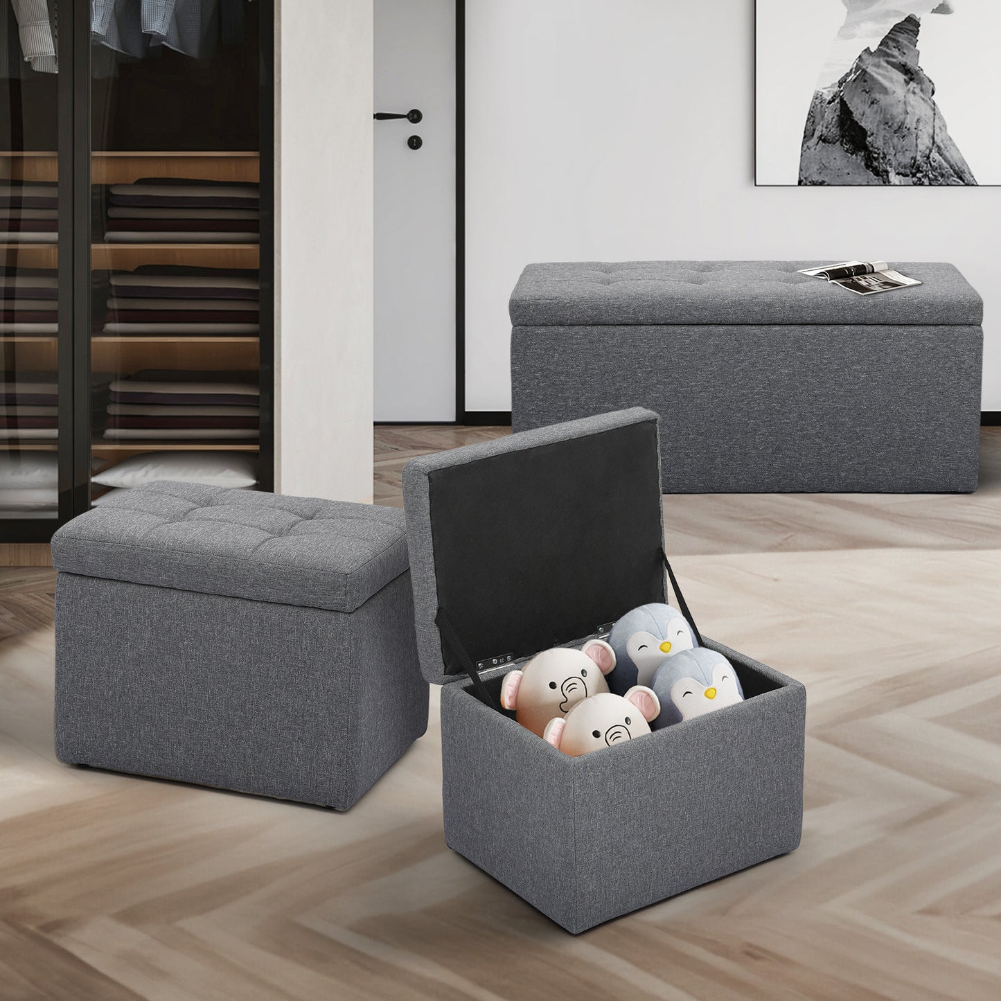 Set of 3 Lift top Storage Ottoman Bench Upholstered Footrest w/2 Cube Stool