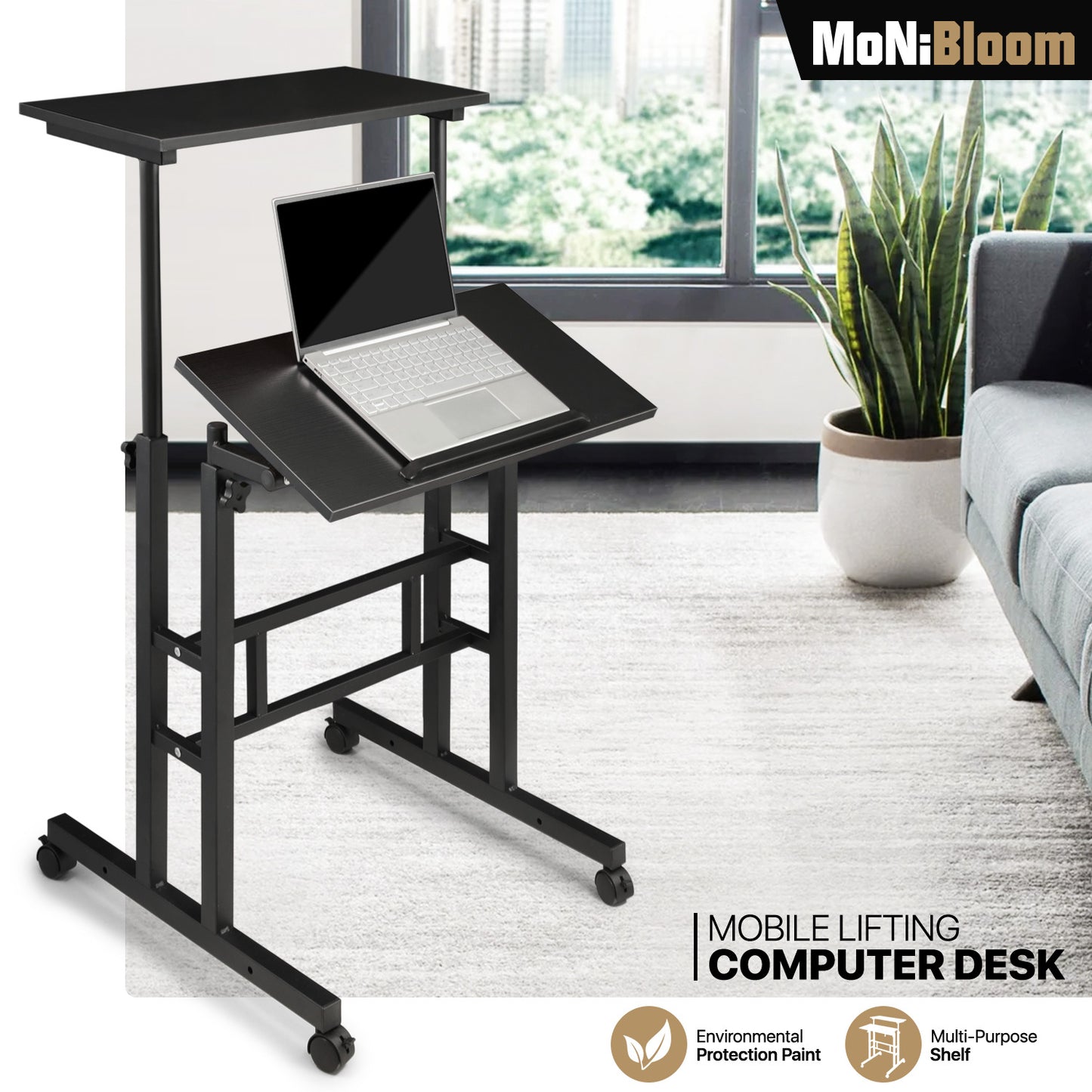 Lifting Tilting Computer Desk w/Monitor Shelf Adjustable Height 28" to 46"