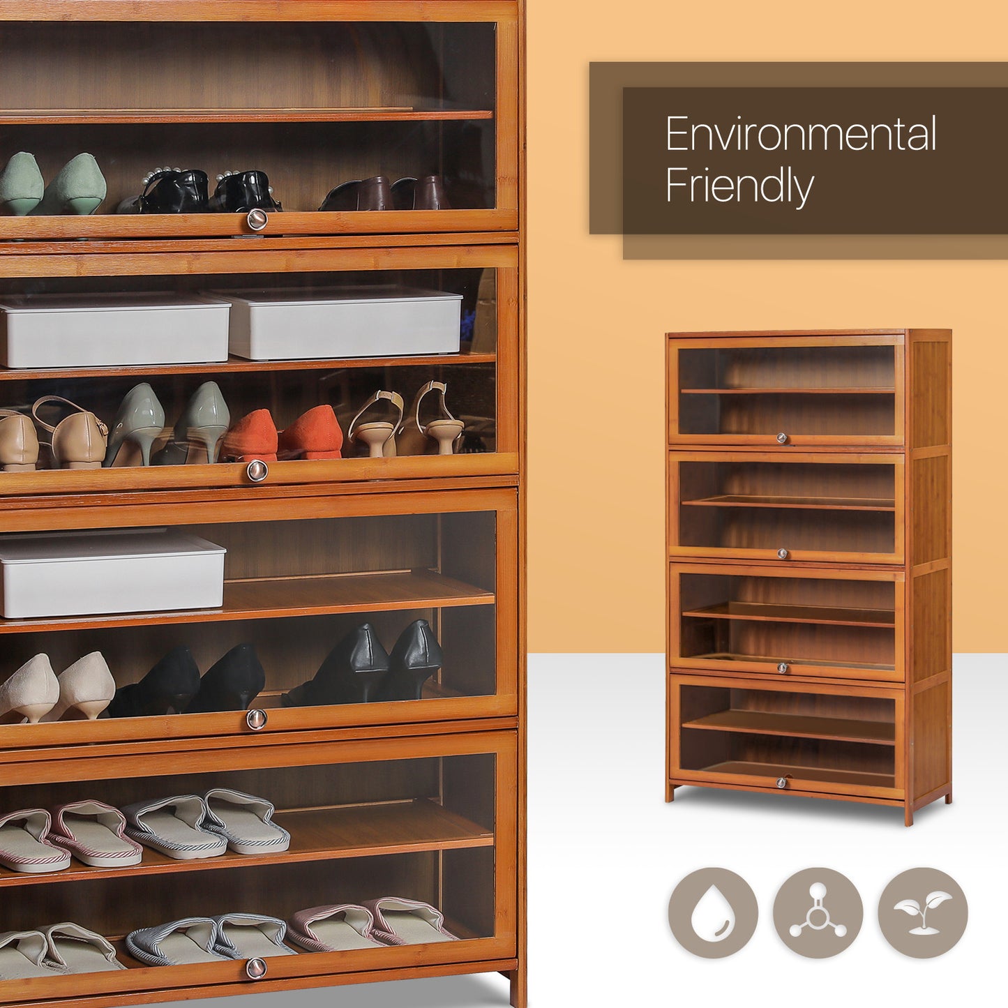 Slide Up Acrylic Panel Door Entryway Shoe Cabinet - 9 Tier - Brown