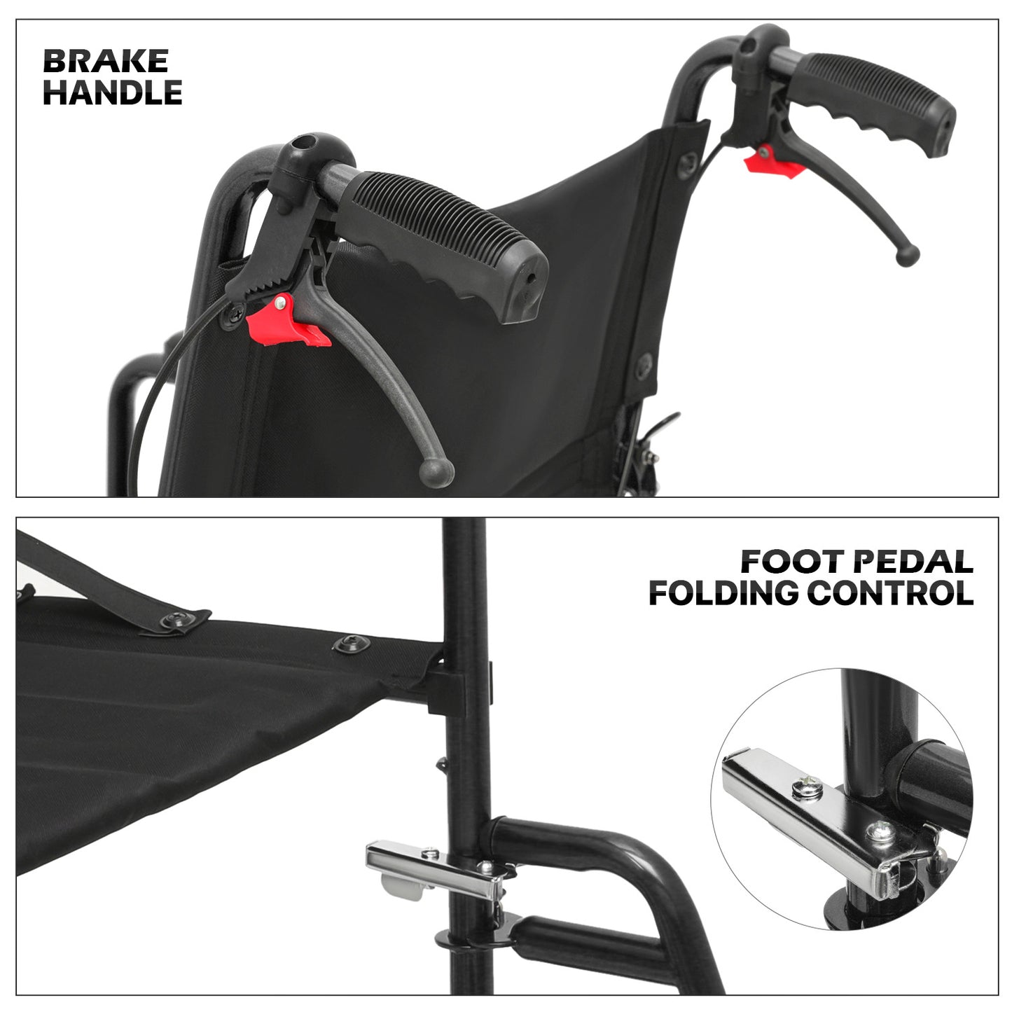 Lightweight Transport Wheelchair - FDA Approved, with Handbrakes, Black