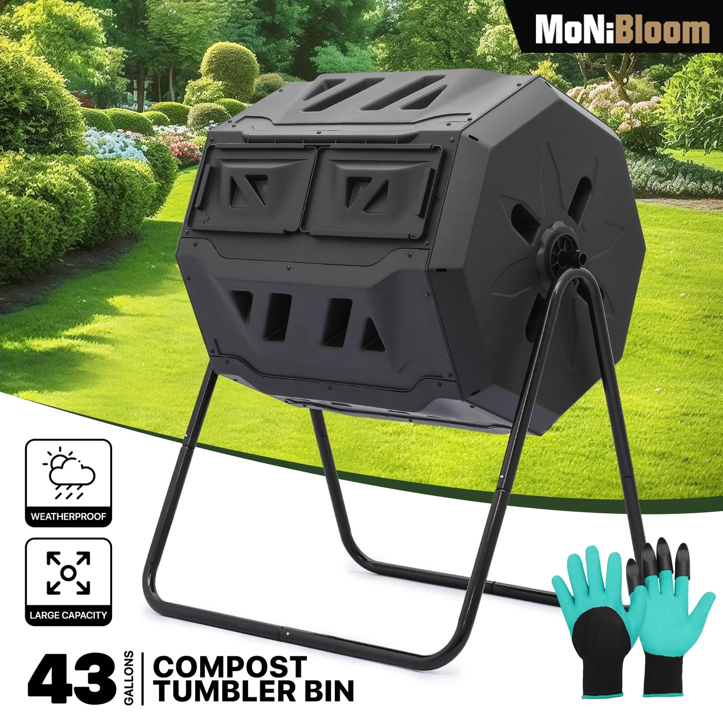 43 Gallon Dual Chamber Compost Bin - 2 Sliding Doors - with Gloves