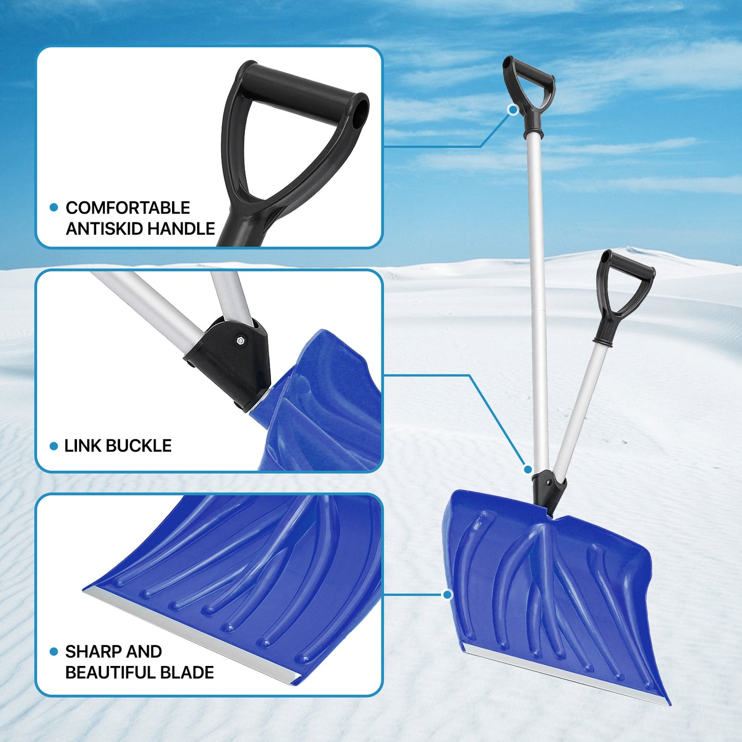 Snow Shovel - 4.4 FT Height - w/Spring Assisted Handle - Blue