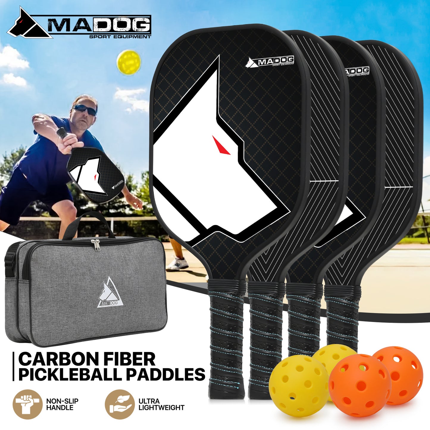 Pickleball Racket Set - Carbon Fiber Combination - 2 Rackets or 4 Rackets + 4 balls + 1 bag