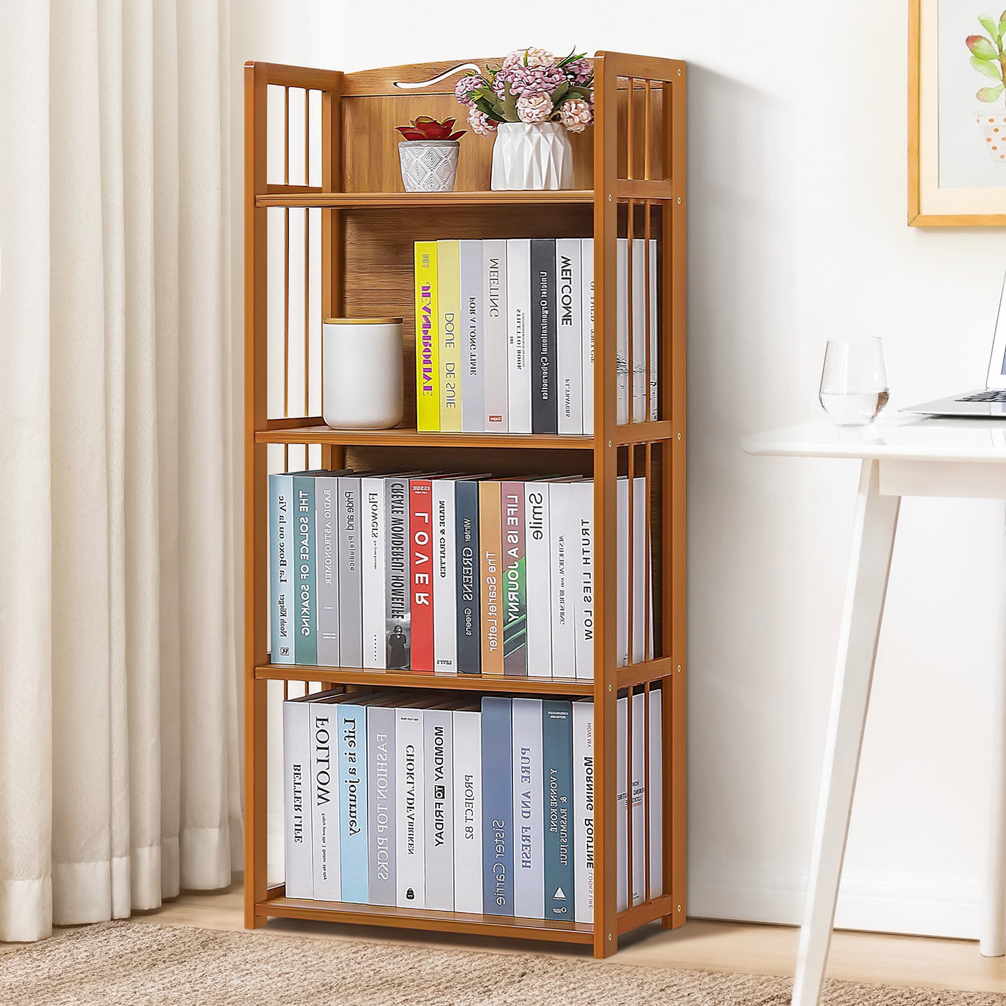 Adjustable Multi-Functional Shelving Organizer - Enclosed Back Panel - 4 Tier - Natural