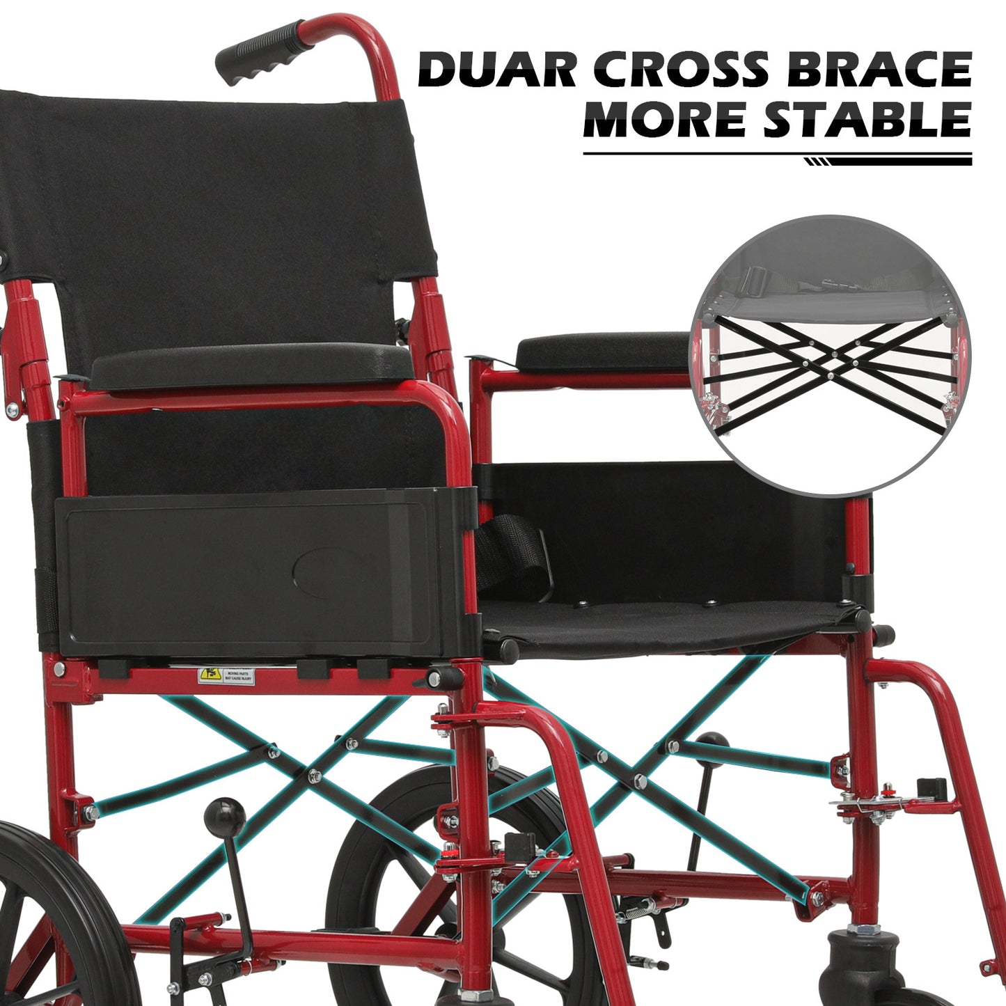 Transport Wheelchair - FDA Approved, PU Paded Armrest, Red