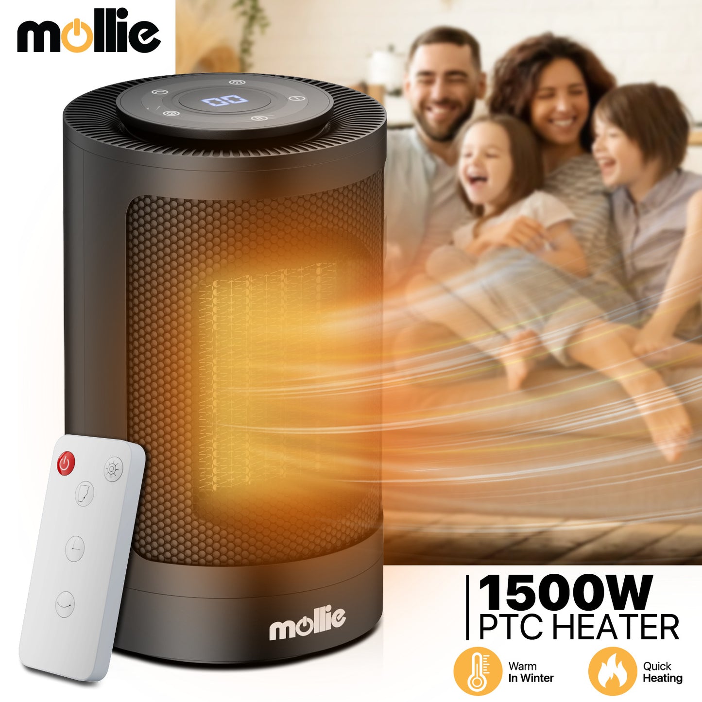 1500W Electric 3 Modes Cylindrical PTC 160 sq.ft Space Heater w/Remote