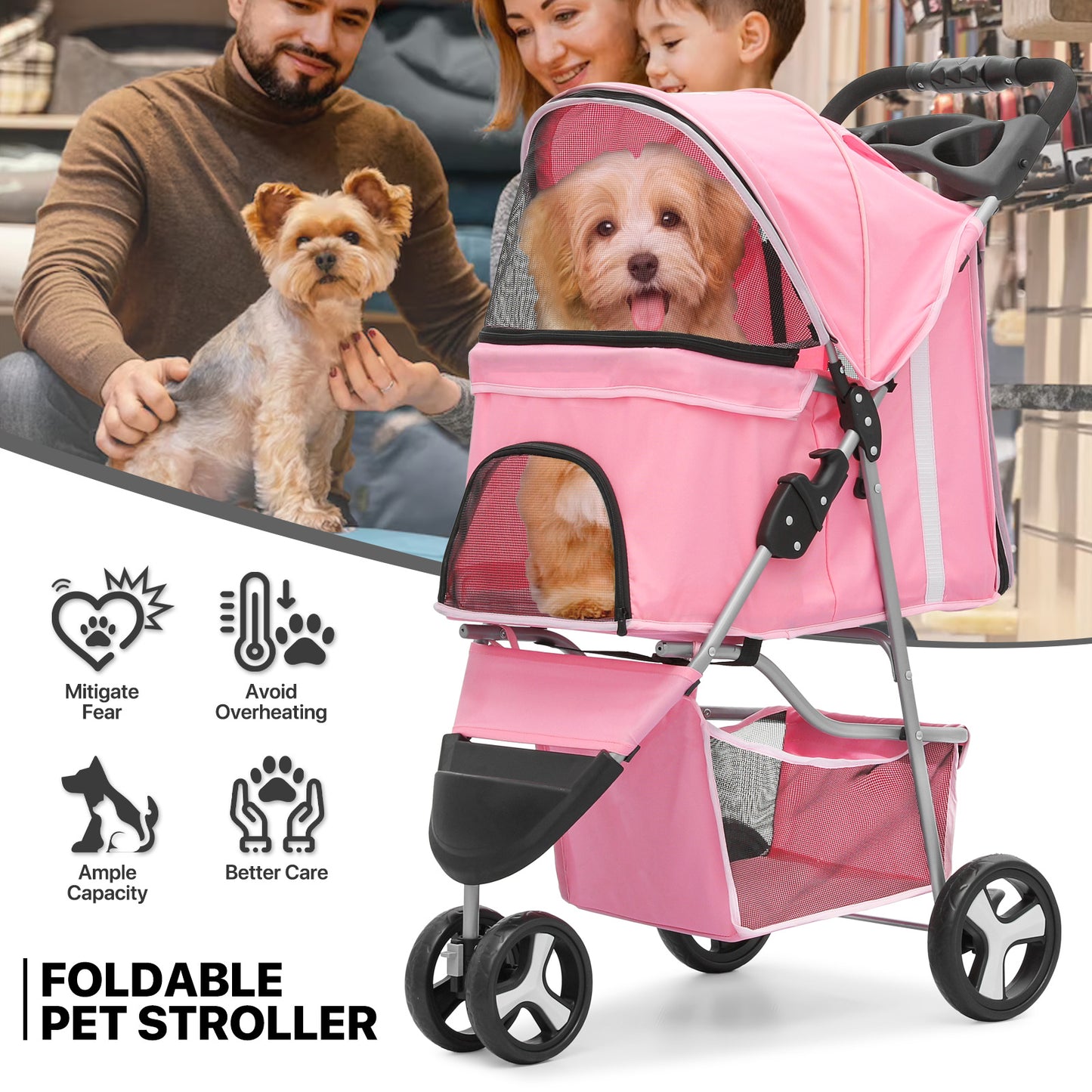Pet Stroller - Adjustable Sunshade+Storage Basket