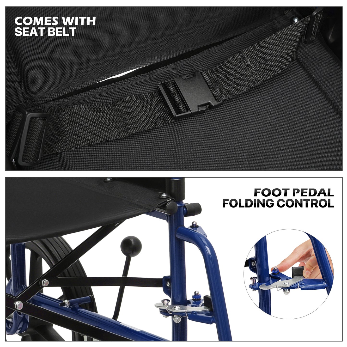 Transport Wheelchair - FDA Approved, PU Paded Armrest, Blue