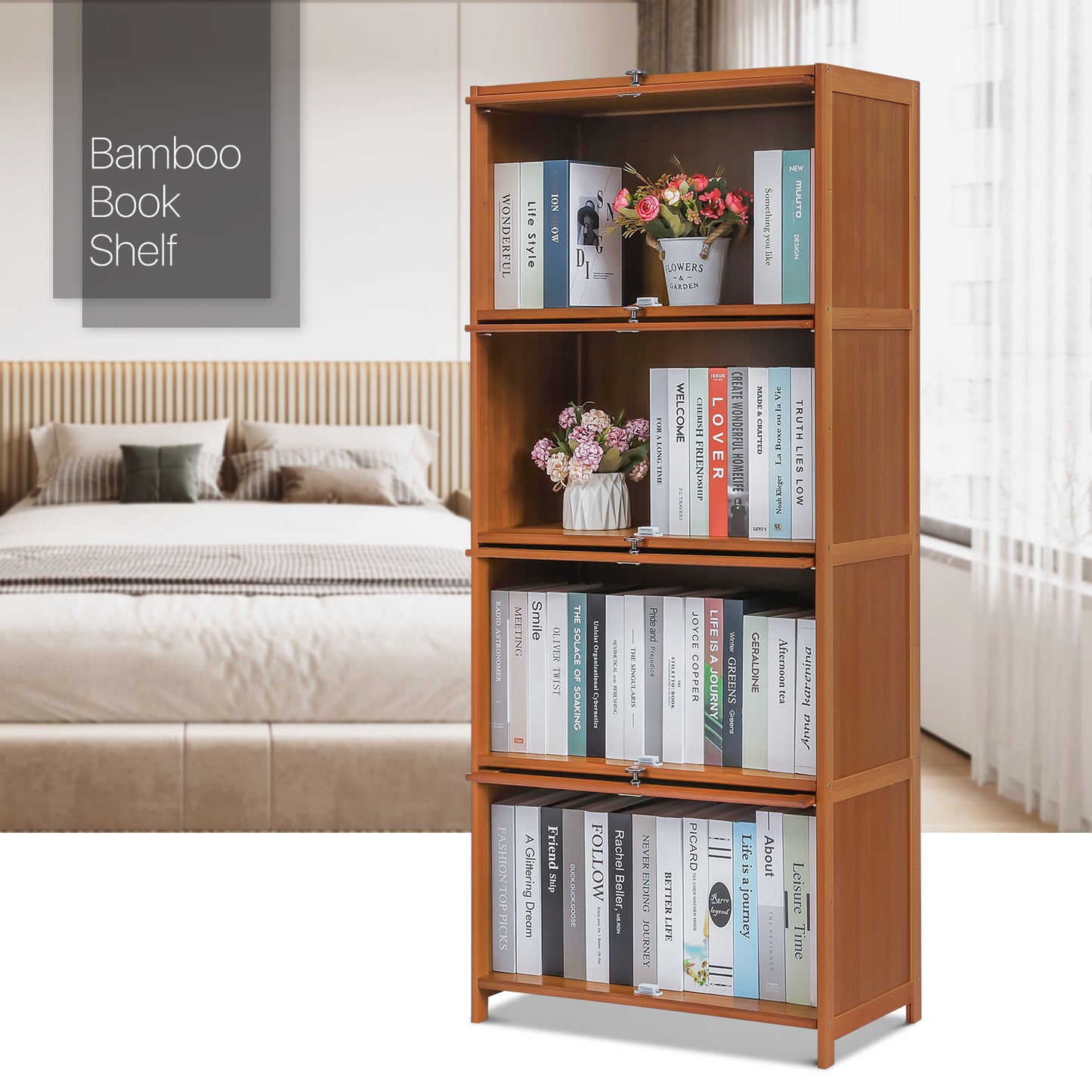 Slide Up Door Multi-Functional Storage Cabinet - 4 Tier - Brown