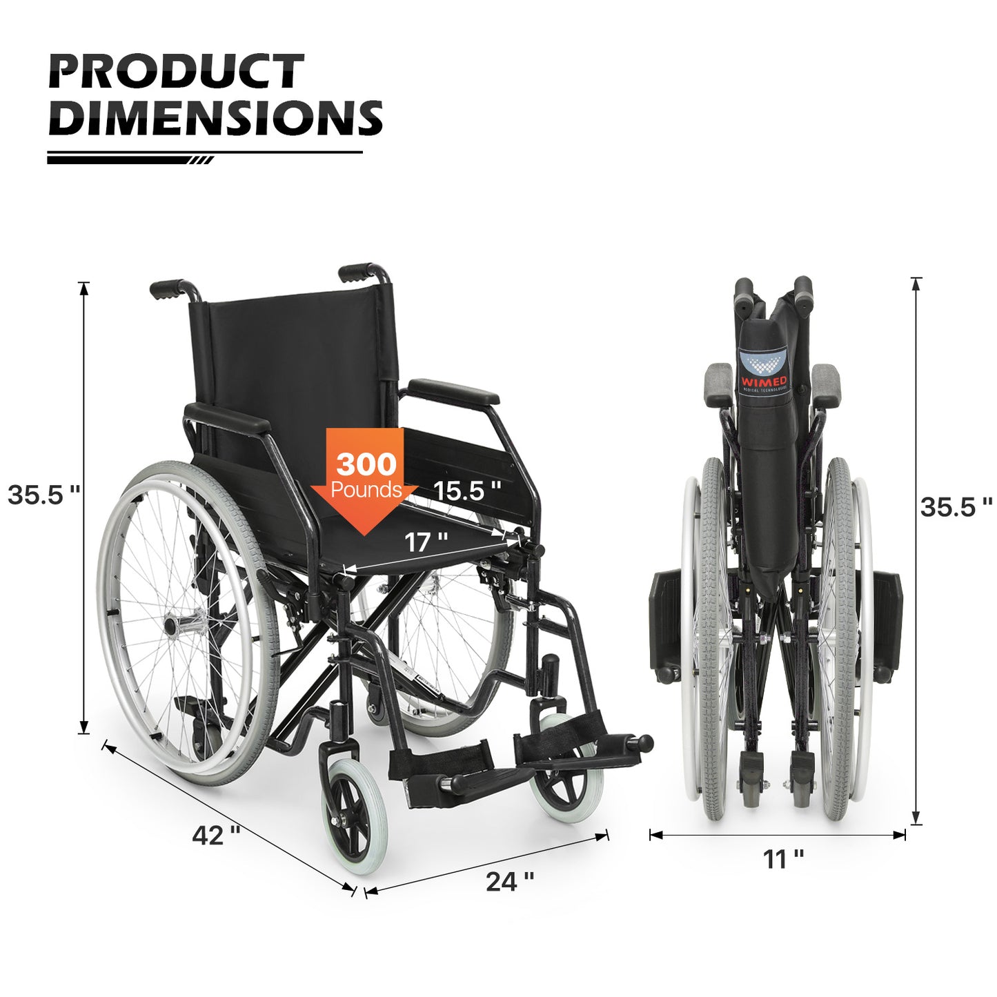 Manual Wheelchair - 7.5'' Front & 23.5'' Rear Wheel - 17"x15.5'' Nylon Seat