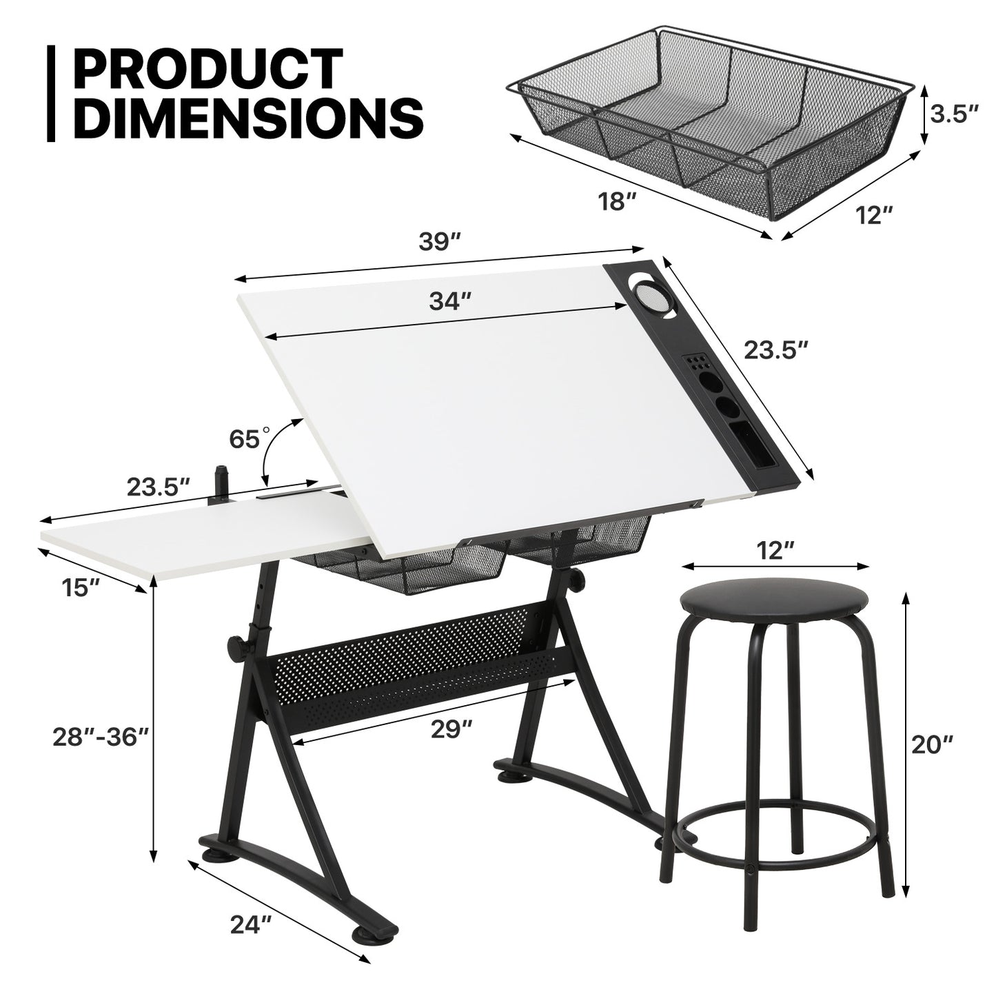 Drafting Table - 61" White desktop with black frame, 2 mesh drawers, with black stool