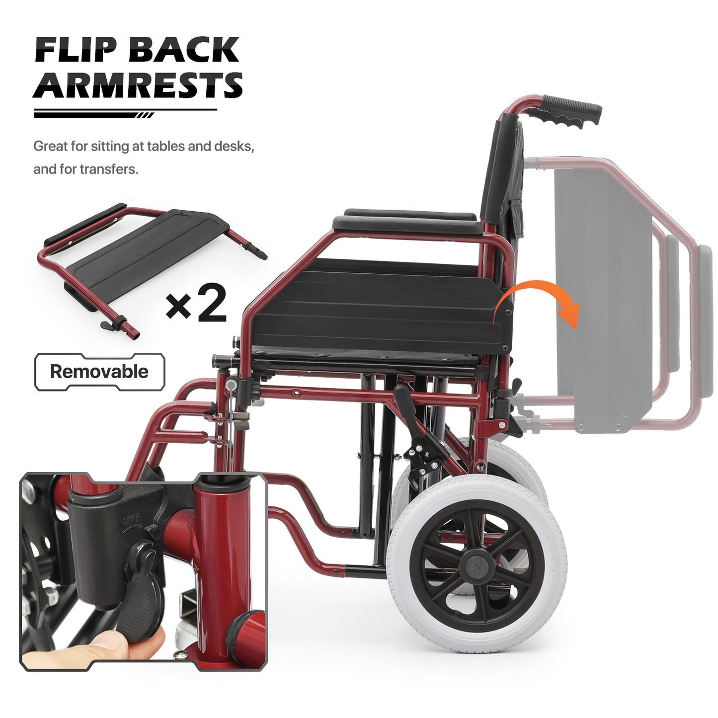 Transport Wheelchair - PU Solid Tyre - Red