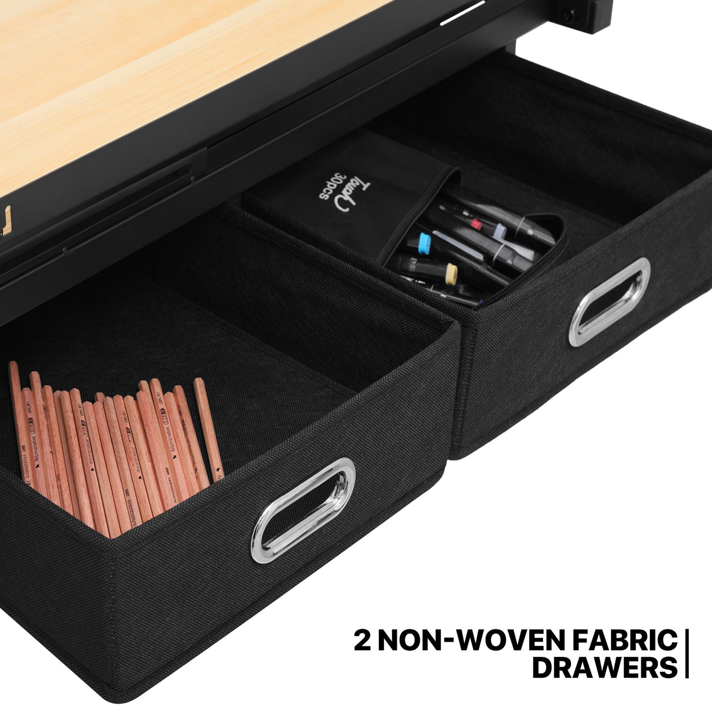 Drafting Table - 61" Natural desktop with black frame, 2 black drawers, with black stool