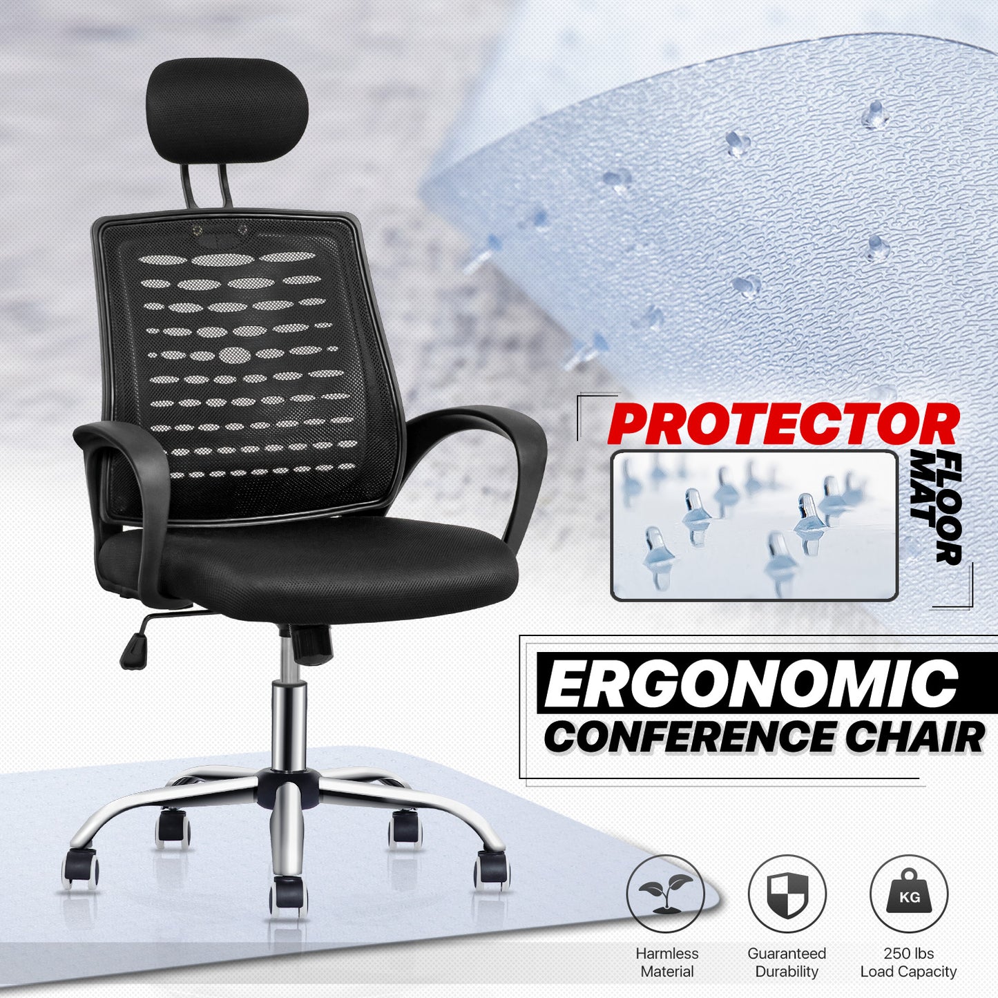 Mesh Task Chair with Headrest - Black - 29" x 47" Studded Mat Set