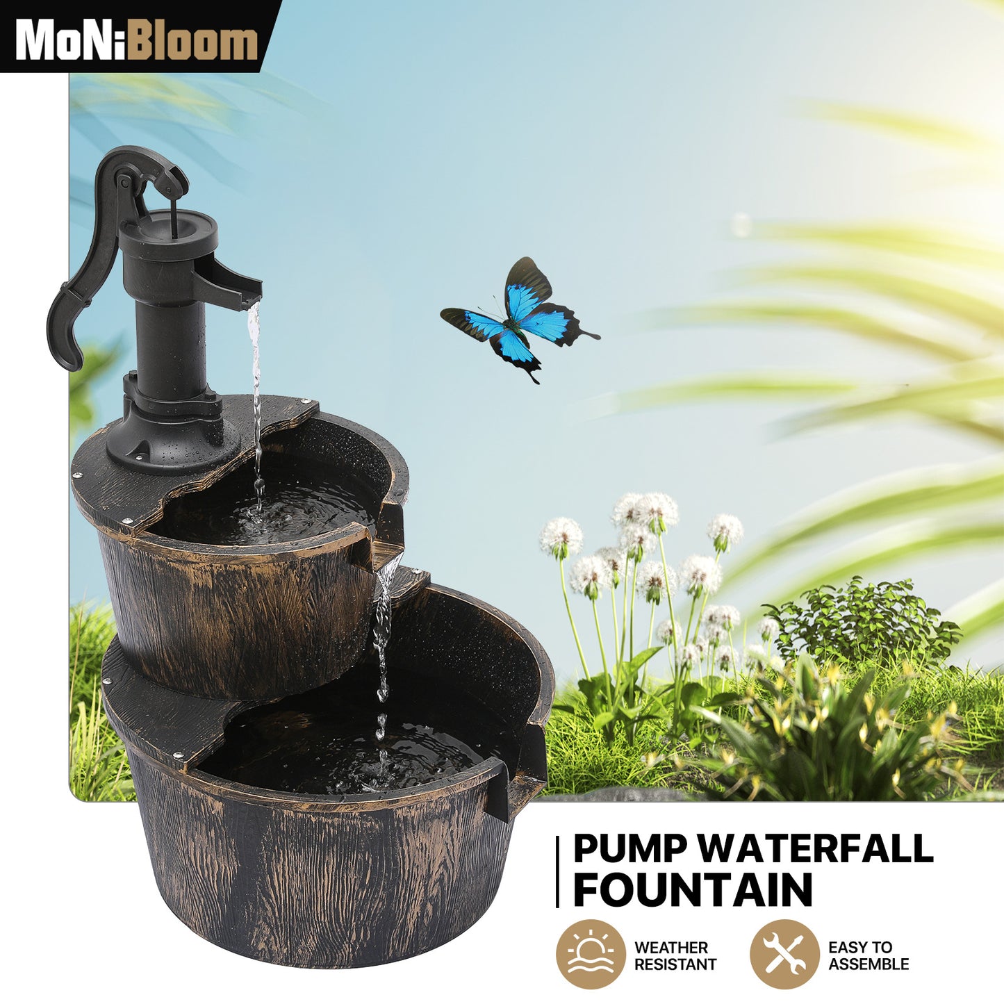 27" Tall 2-Tier Barrel and Pump Waterfall Fountain
