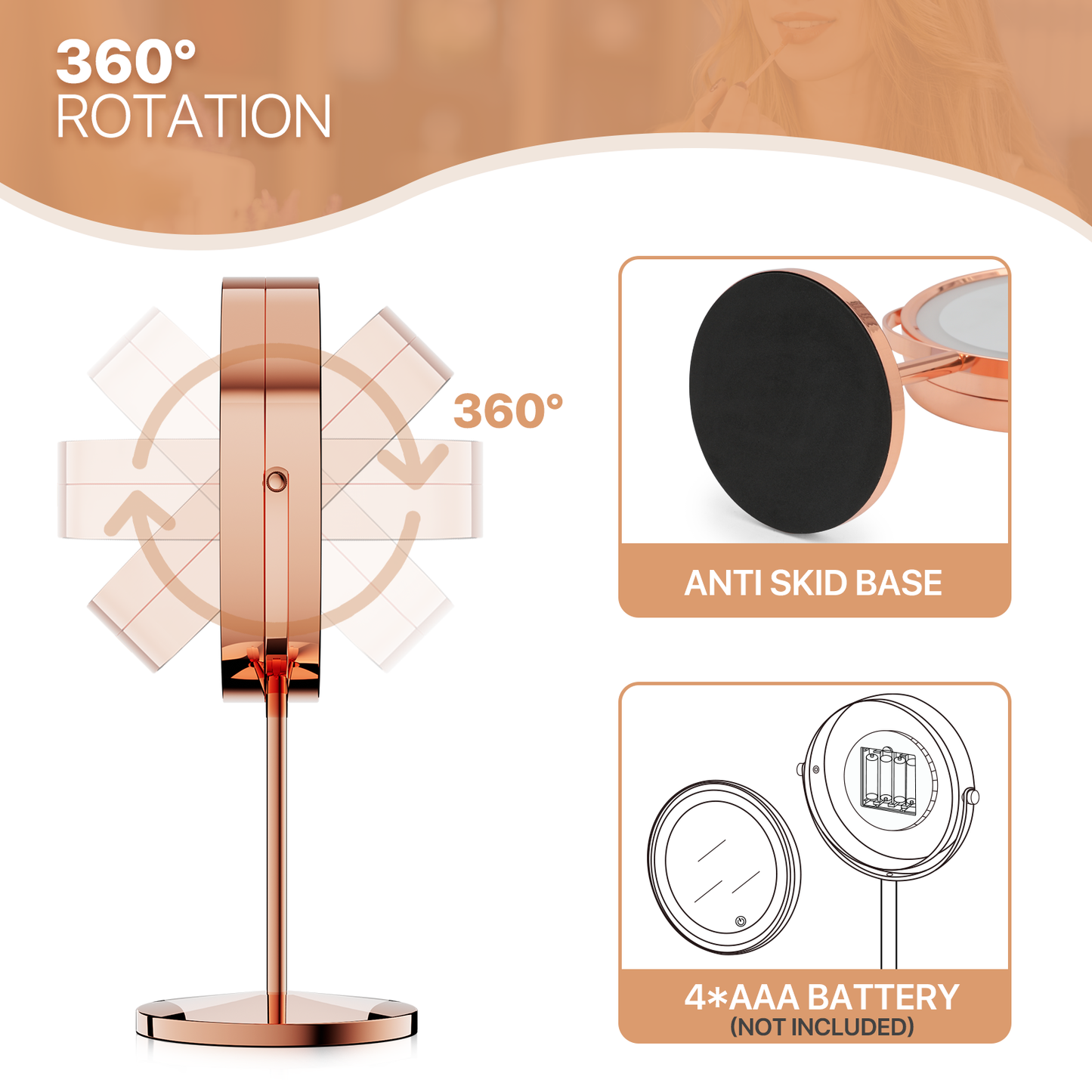 Double Sided Vanity Mirror - Round 8" Diameter - 3 Color Lighting Mode - 1x/10x Magnification Mirror