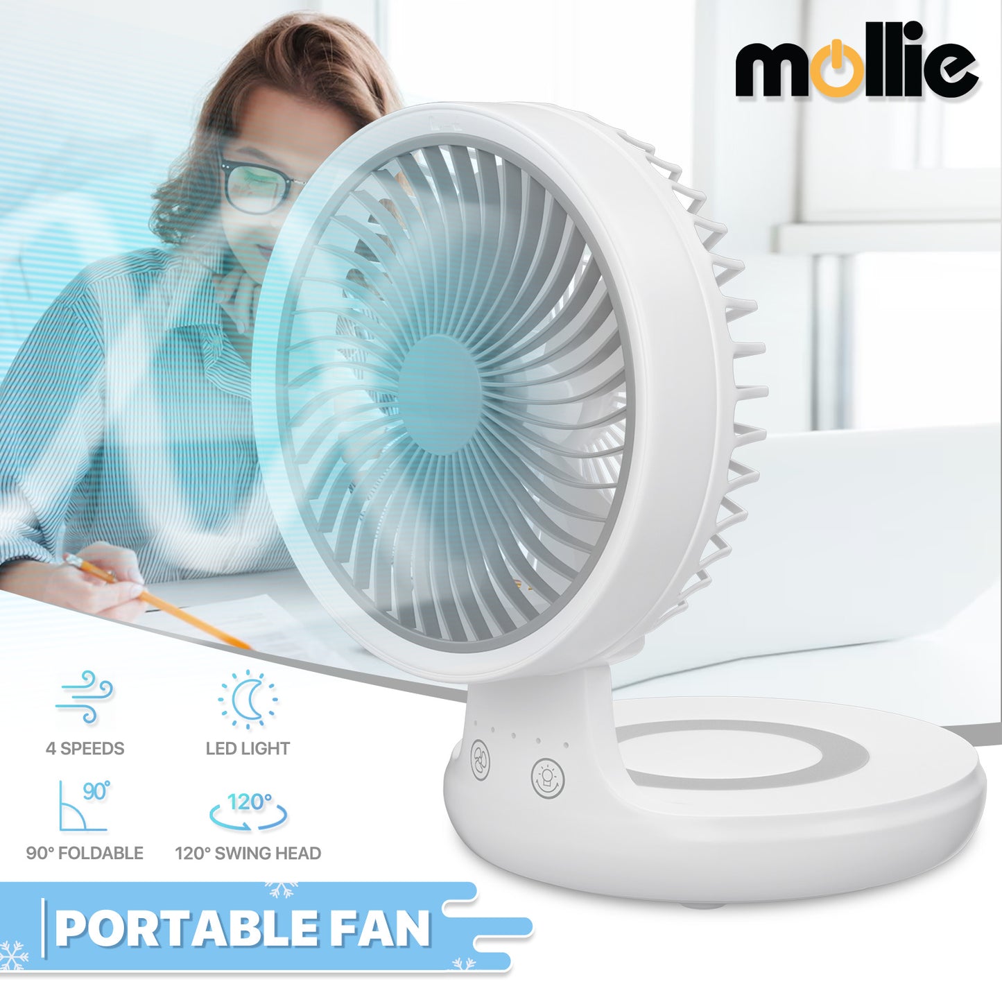 8" USB Foldable Oscillation Fan - 4 Speed & LED Light