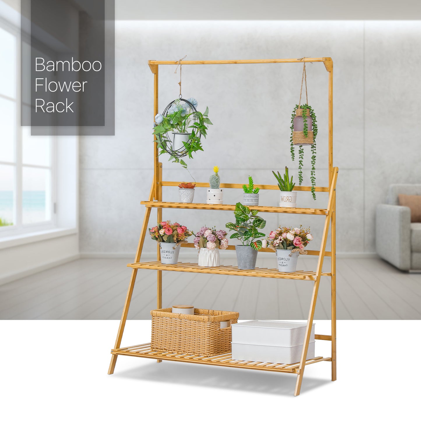 Foldable Flower Plant Rack - A Frame Stand Shelf - with Top Hanging Rod - 3 Tier - Natural