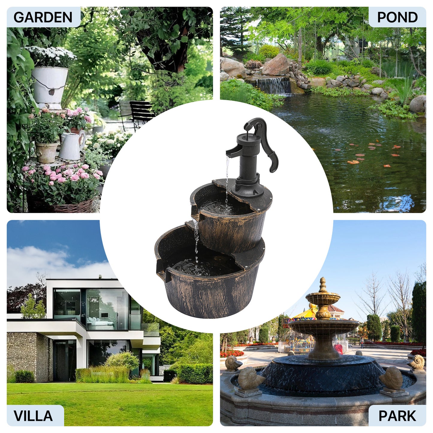27" Tall 2-Tier Barrel and Pump Waterfall Fountain