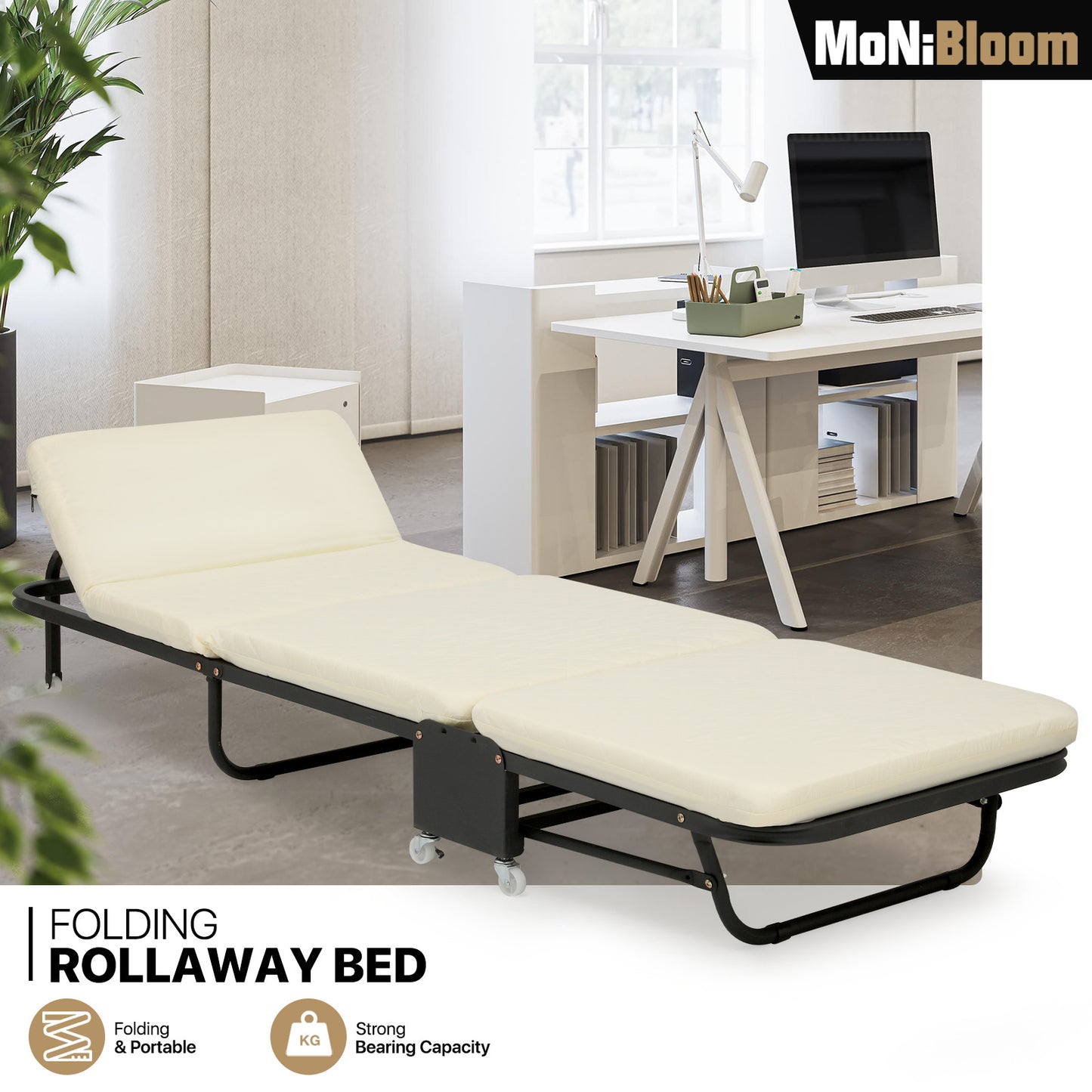 Folding Rollway Sleeping Bed - Camping Cot - 71'' Length - w/2'' Thick Mattress+6 Wheels
