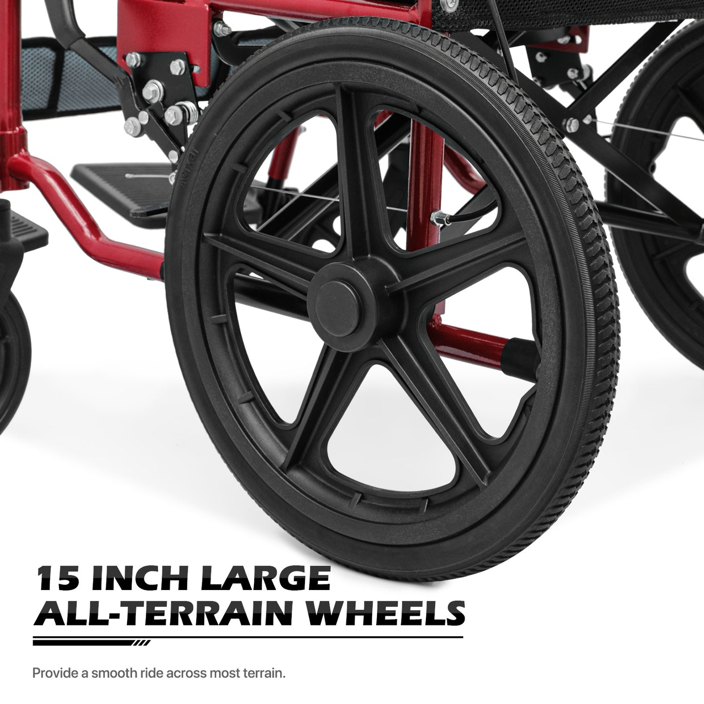 Transport Wheelchair - with Handbrake, Cushion - Red