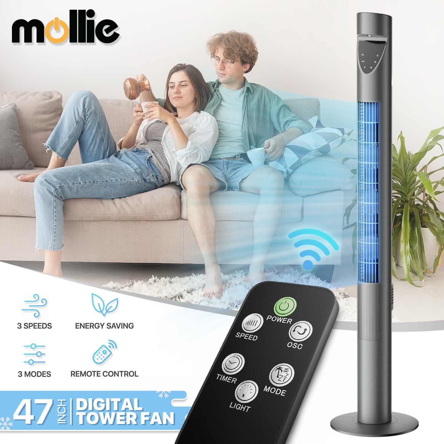 47" Tower fan 3 Speed - Room Temperature Display - Touch Screen Control - LED Down Light