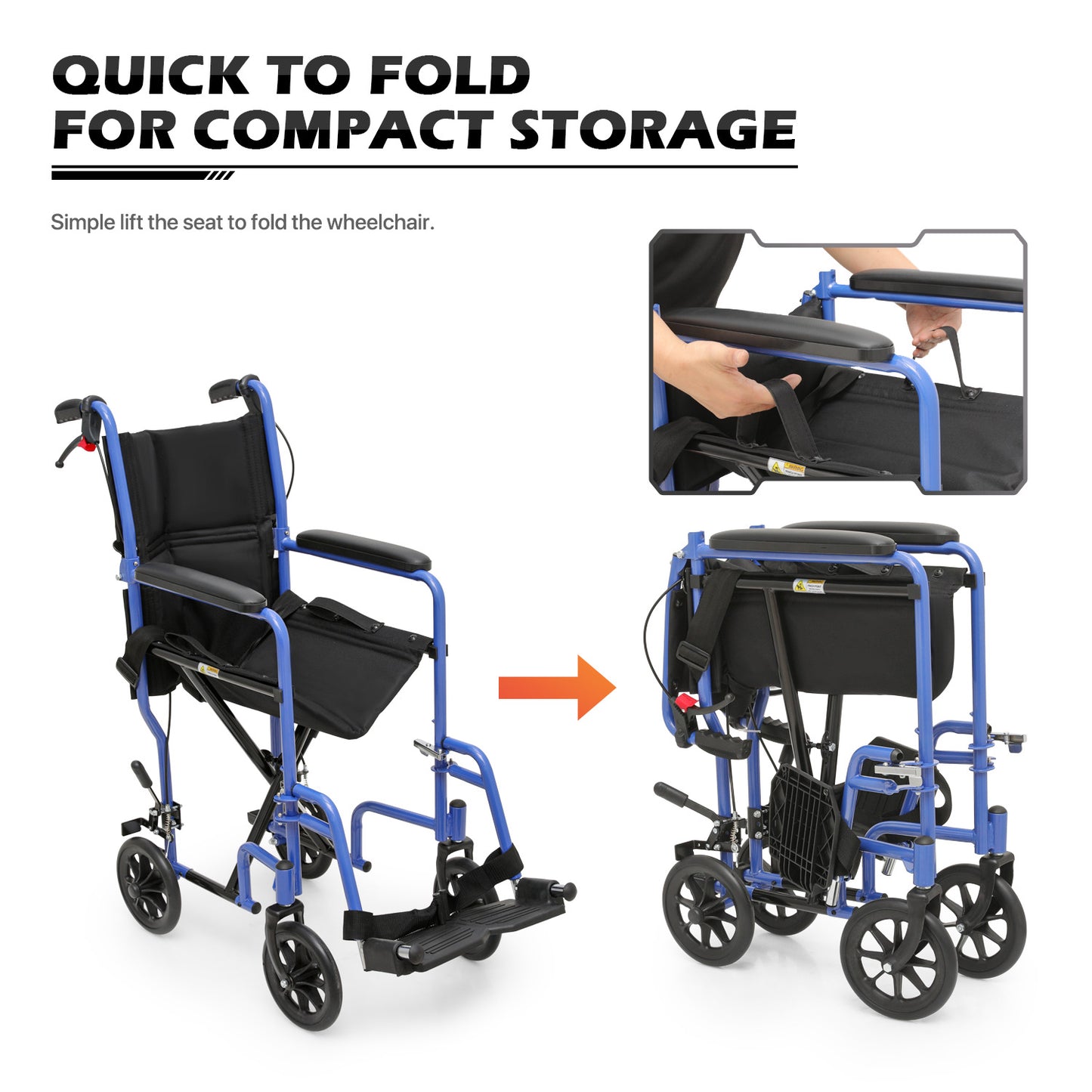 Lightweight Transport Wheelchair - FDA Approved, with Handbrakes, Blue