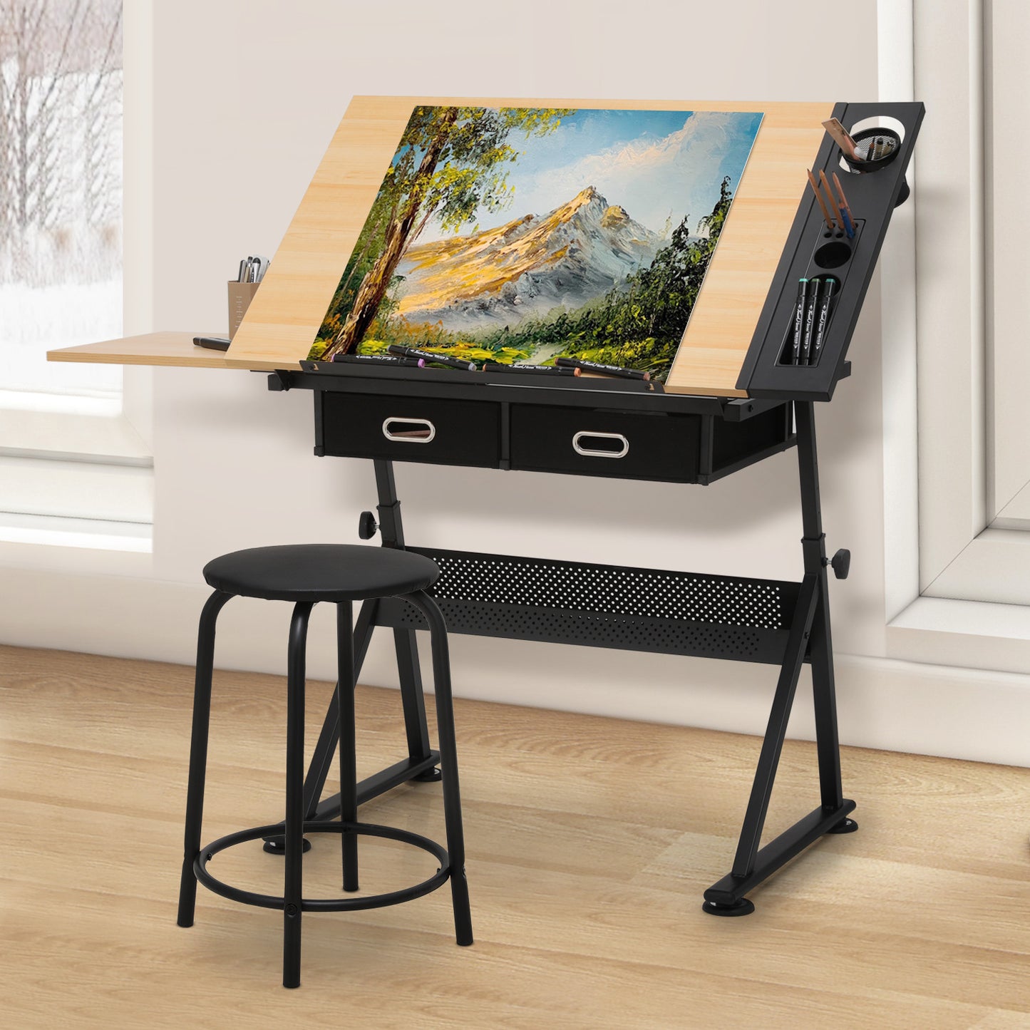 Drafting Table - 61" Natural desktop with black frame, 2 black drawers, with black stool