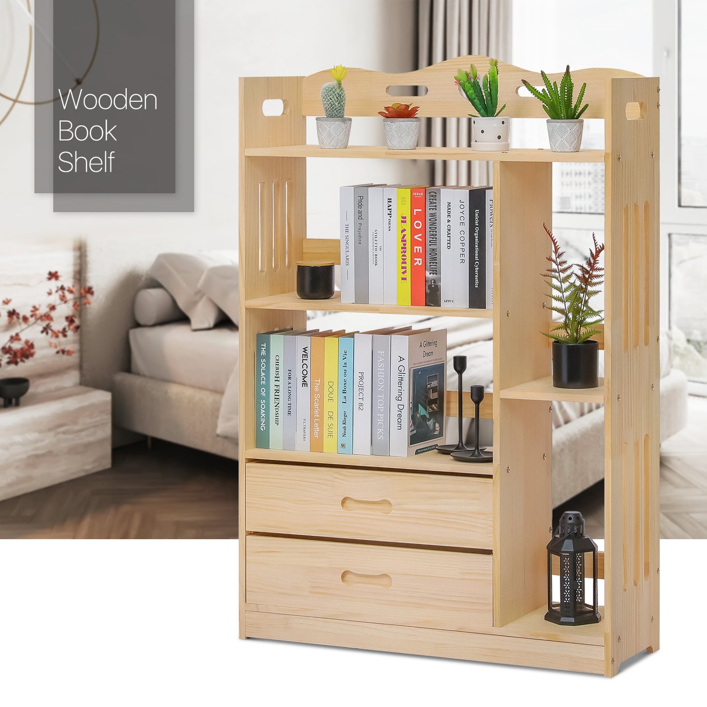 Wooden Display Storage Organizer - 4 Tier - with Drawer - 33" - Natural