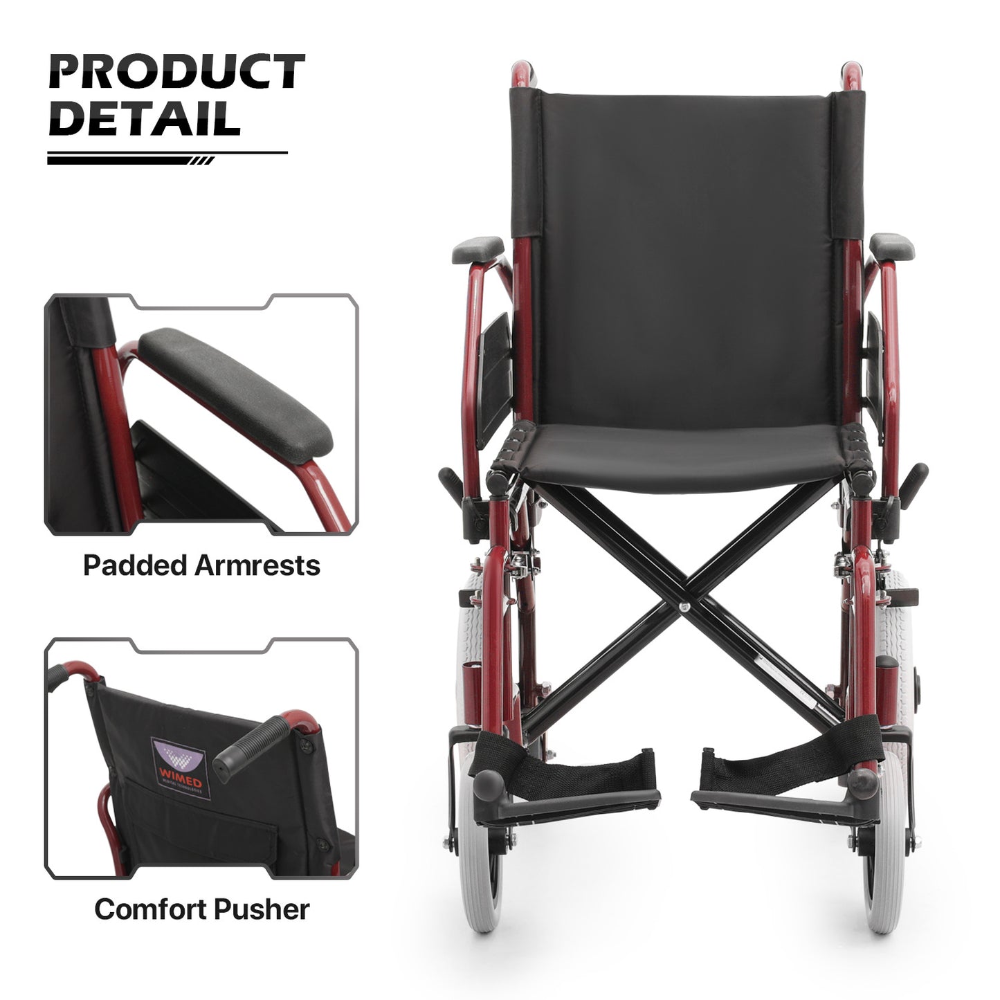Transport Wheelchair - PU Solid Tyre - Red