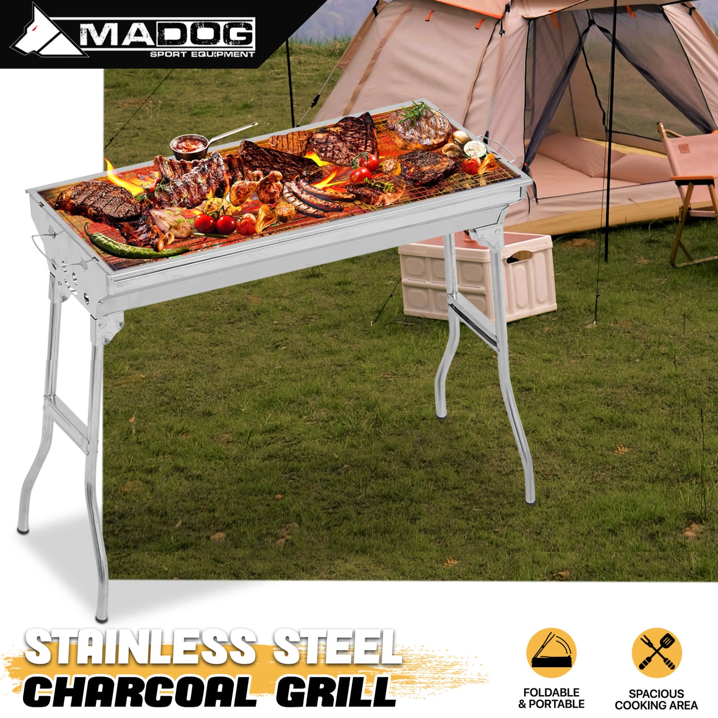 Folding Barbecue Grill - Silver - 28"x13"