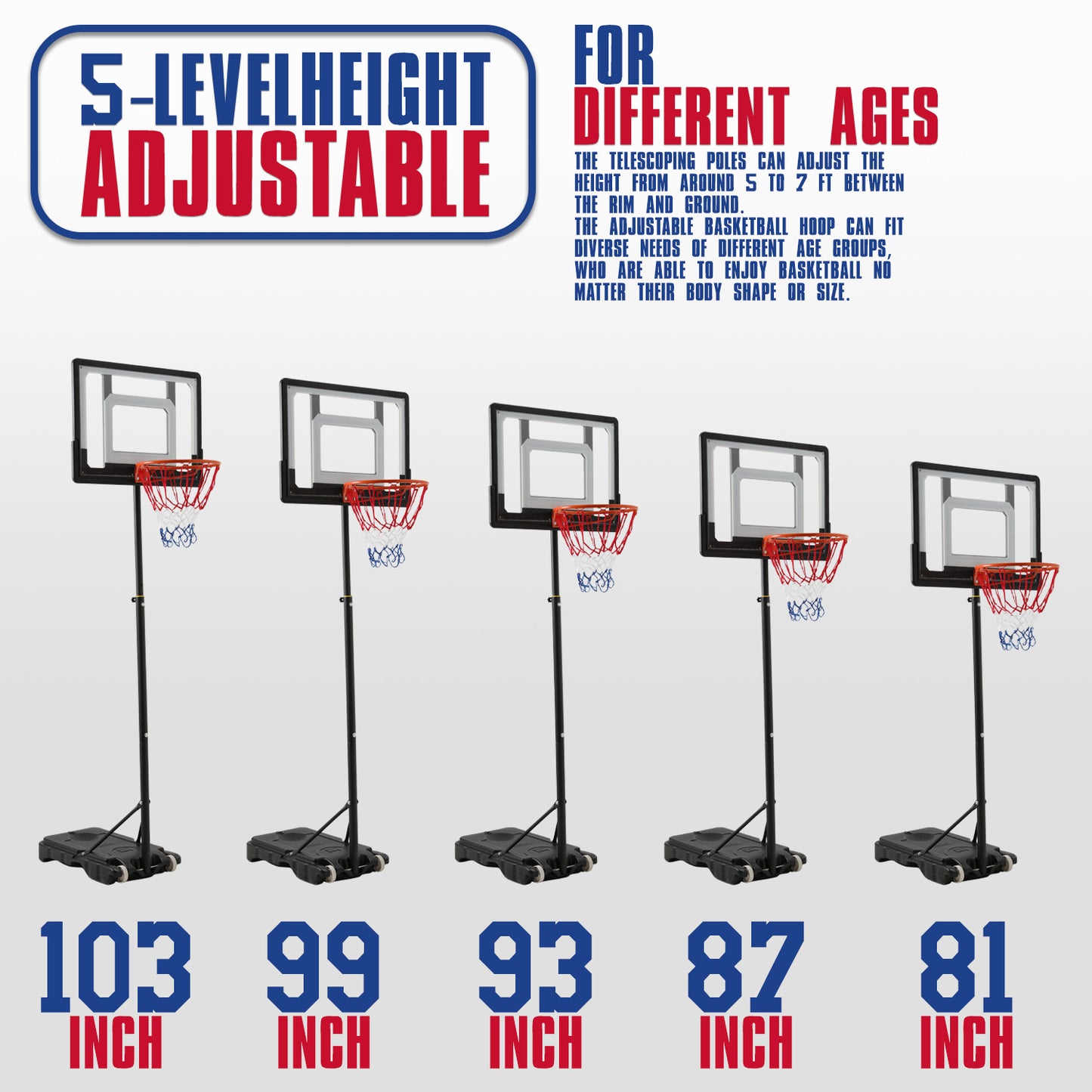 7 Ft Adjustable Height Portable Basketball Hoop