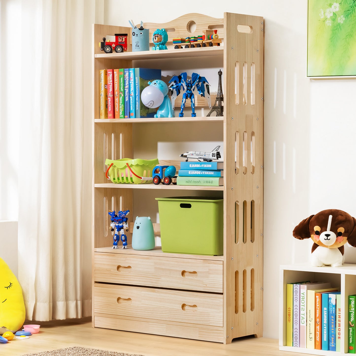 Wooden Display Storage Organizer - 5 Tier - with Drawer - Natural