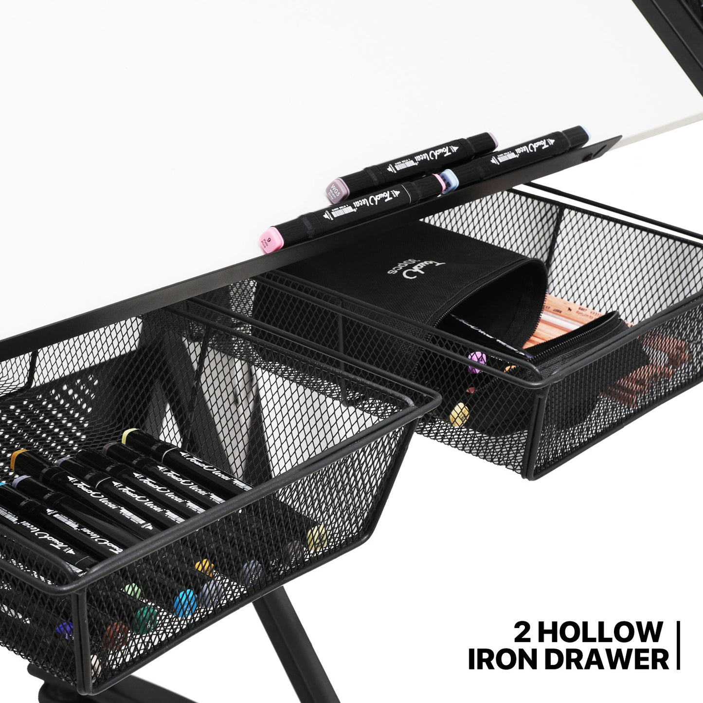 Drafting Table - 61" White desktop with black frame, 2 mesh drawers, with black stool