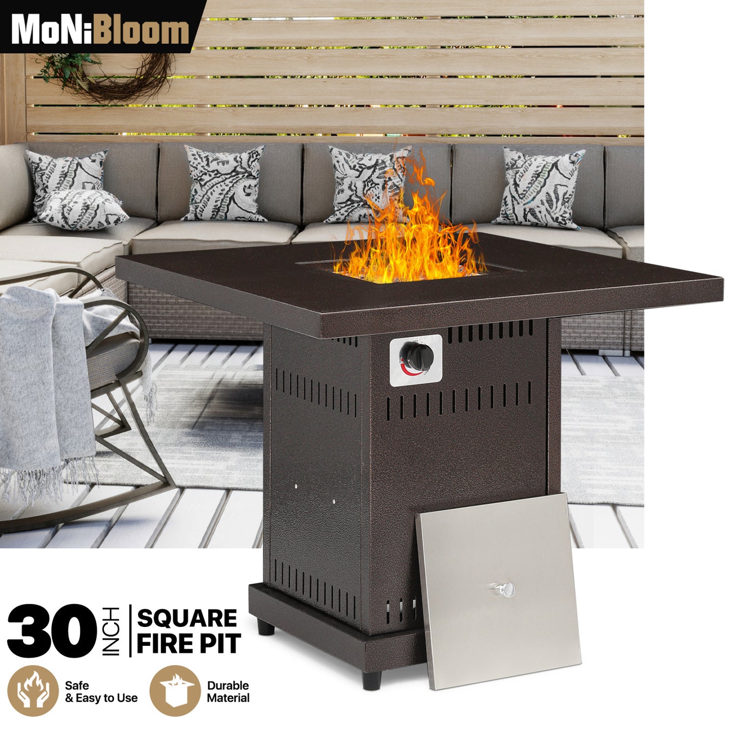 30" Outdoor Square Propane Gas Fire Pit Table 40,000 BTU - w/Lid, Lava Rocks - Brown