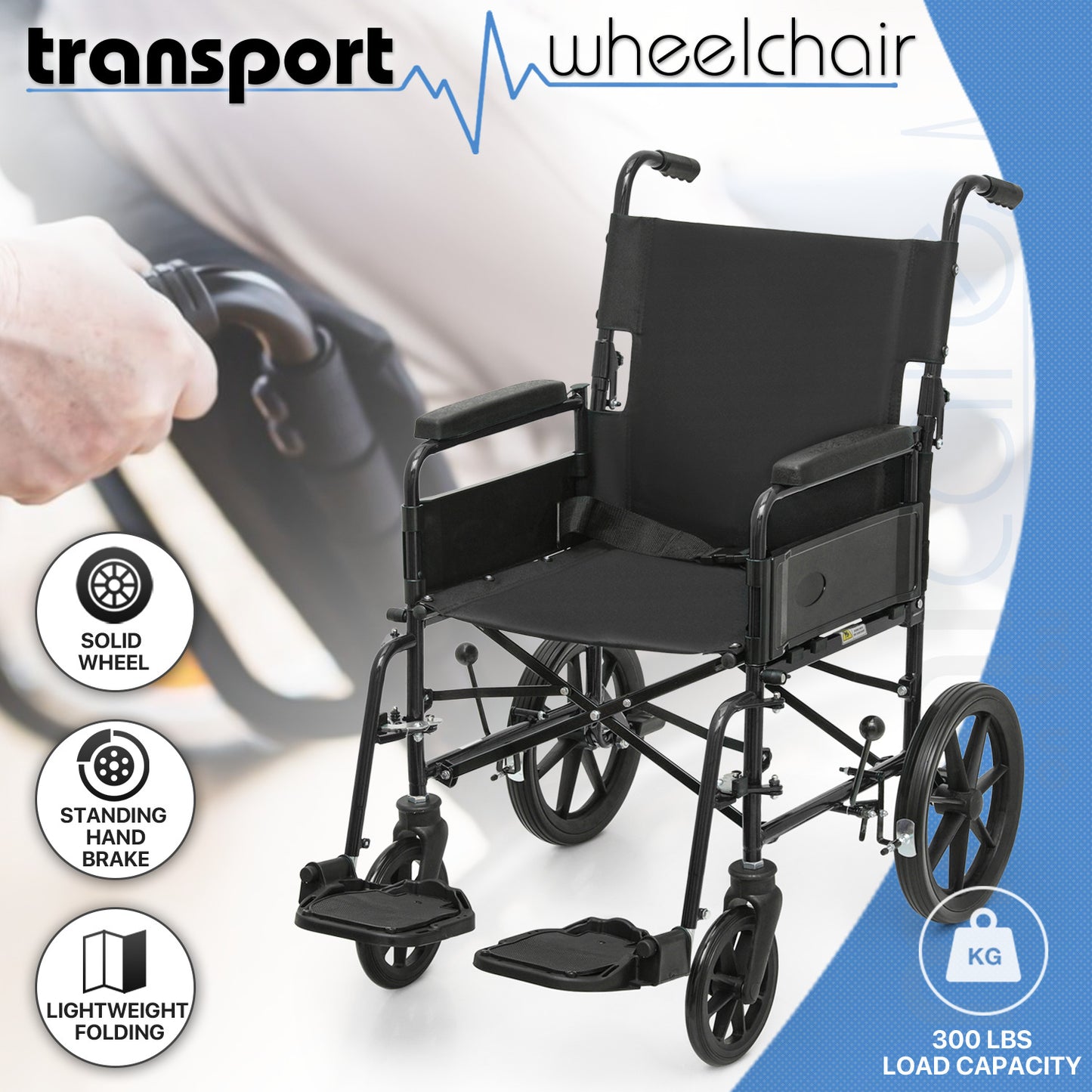 Transport Wheelchair - FDA Approved, PU Paded Armrest, Black