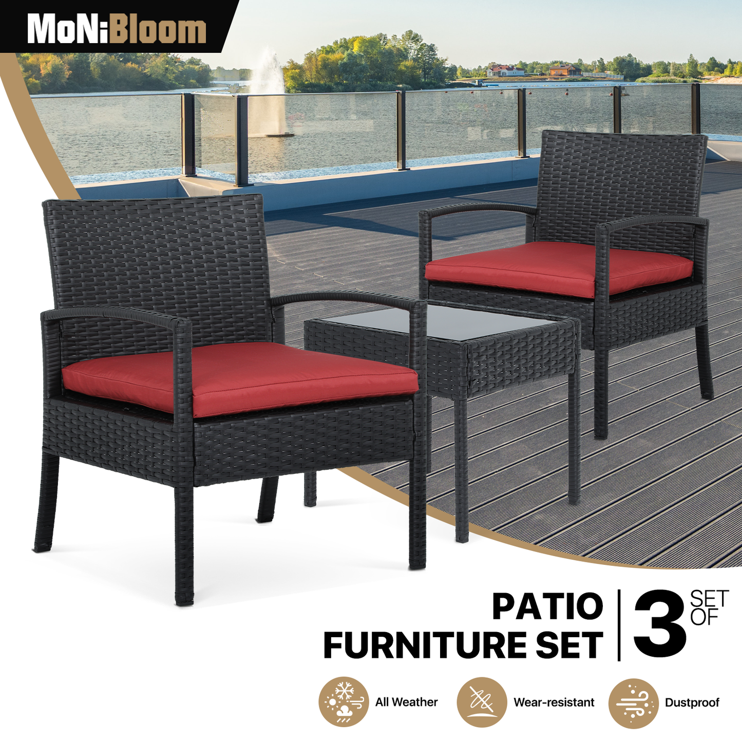 PE Rattan Patio Furniture Set - 2 Single Chair, 1 Table